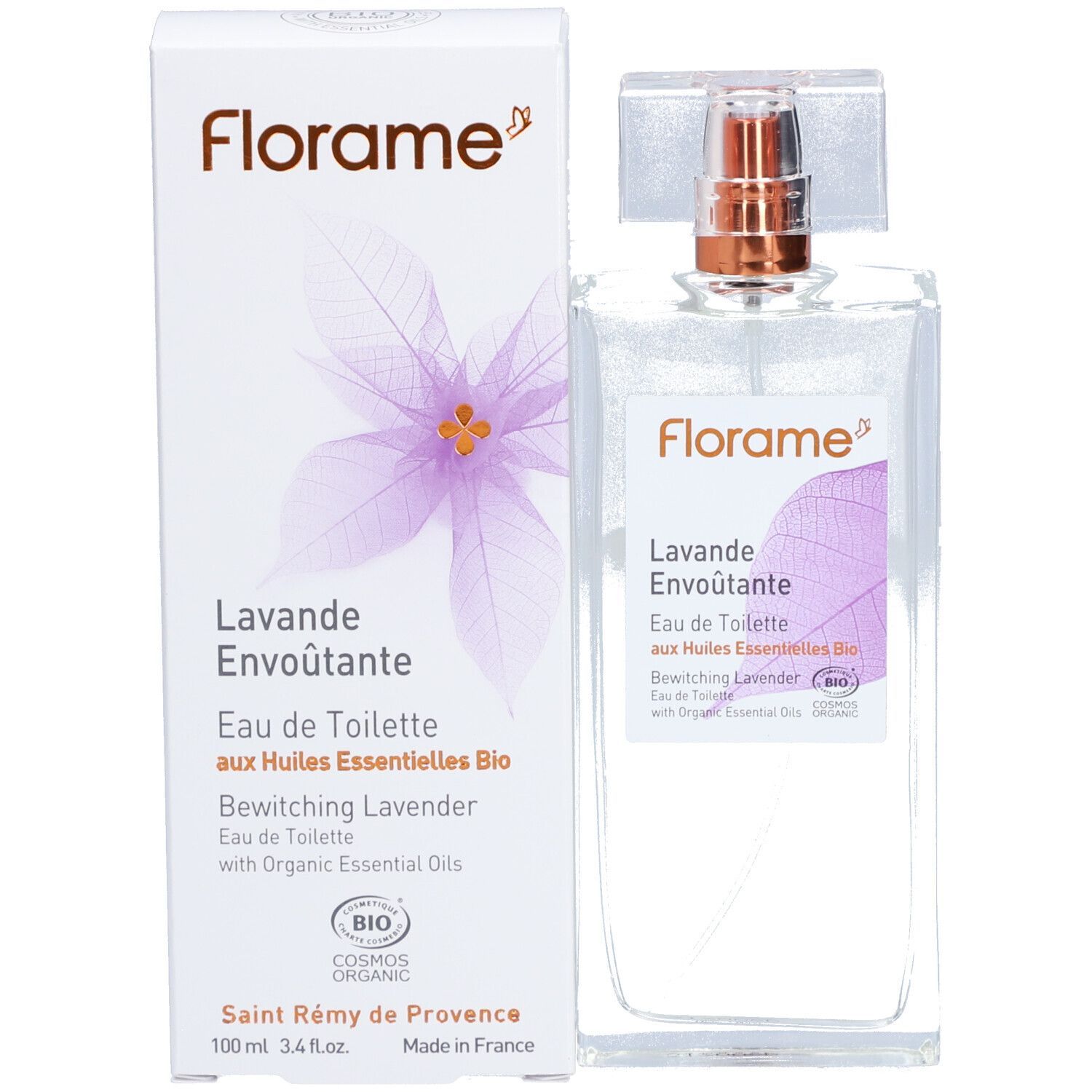 Flacon et boîte avec logo et nom du produit. Inscription : Lavande Envoûtante, Eau de Toilette, Bio.