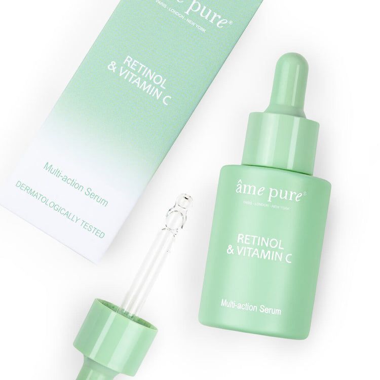 Un flacon et une pipette ouverte du sérum Retinol & Vitamine C âme pure.