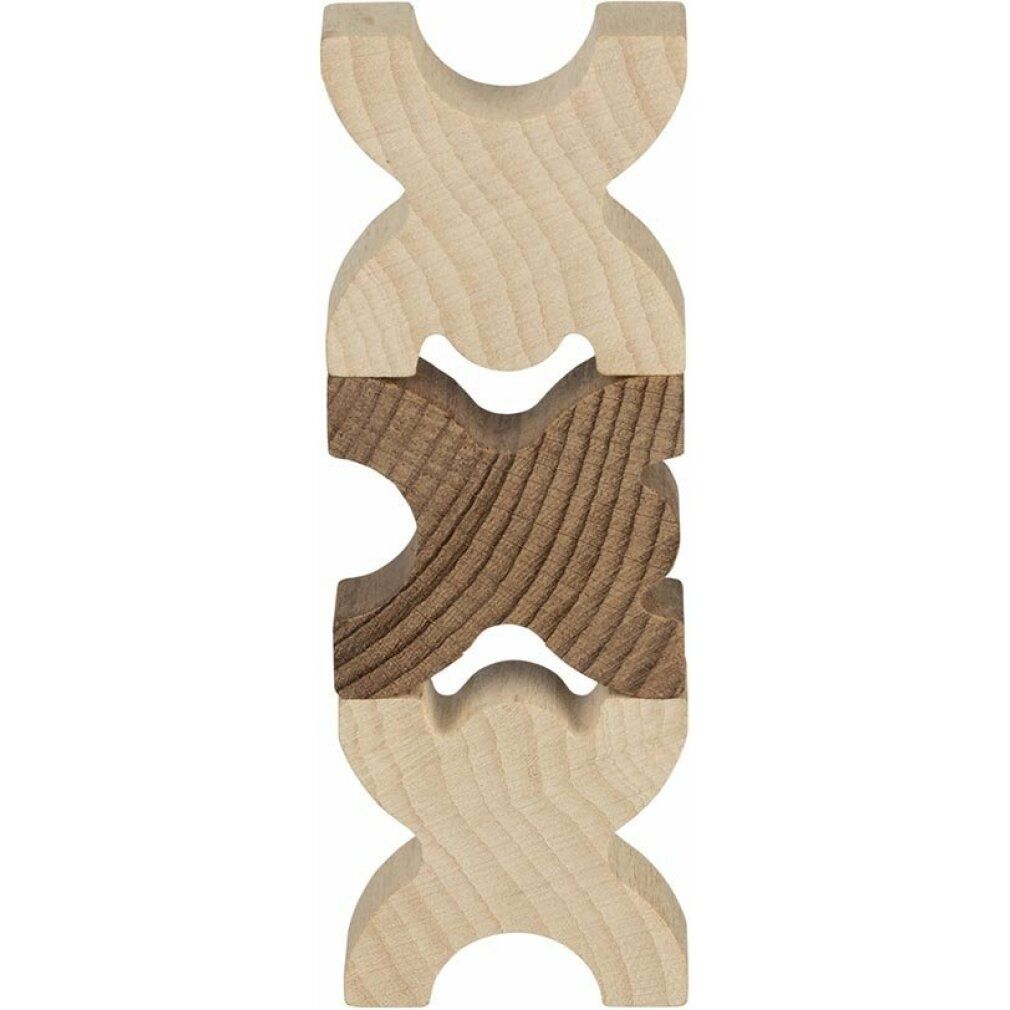 Drie houten figuren, licht- en donkerbruin, gestapeld. X-vormige figuren, voor een evenwichtsspel.