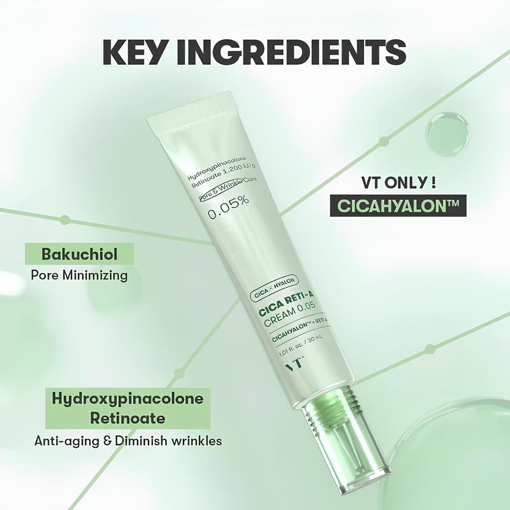 Tube avec ingrédients. Contient 0,05% de rétinol. Marque VT. Nom du produit Cica Reti-A Cream 0.05. Texte: Bakuchiol, Rétinoate.