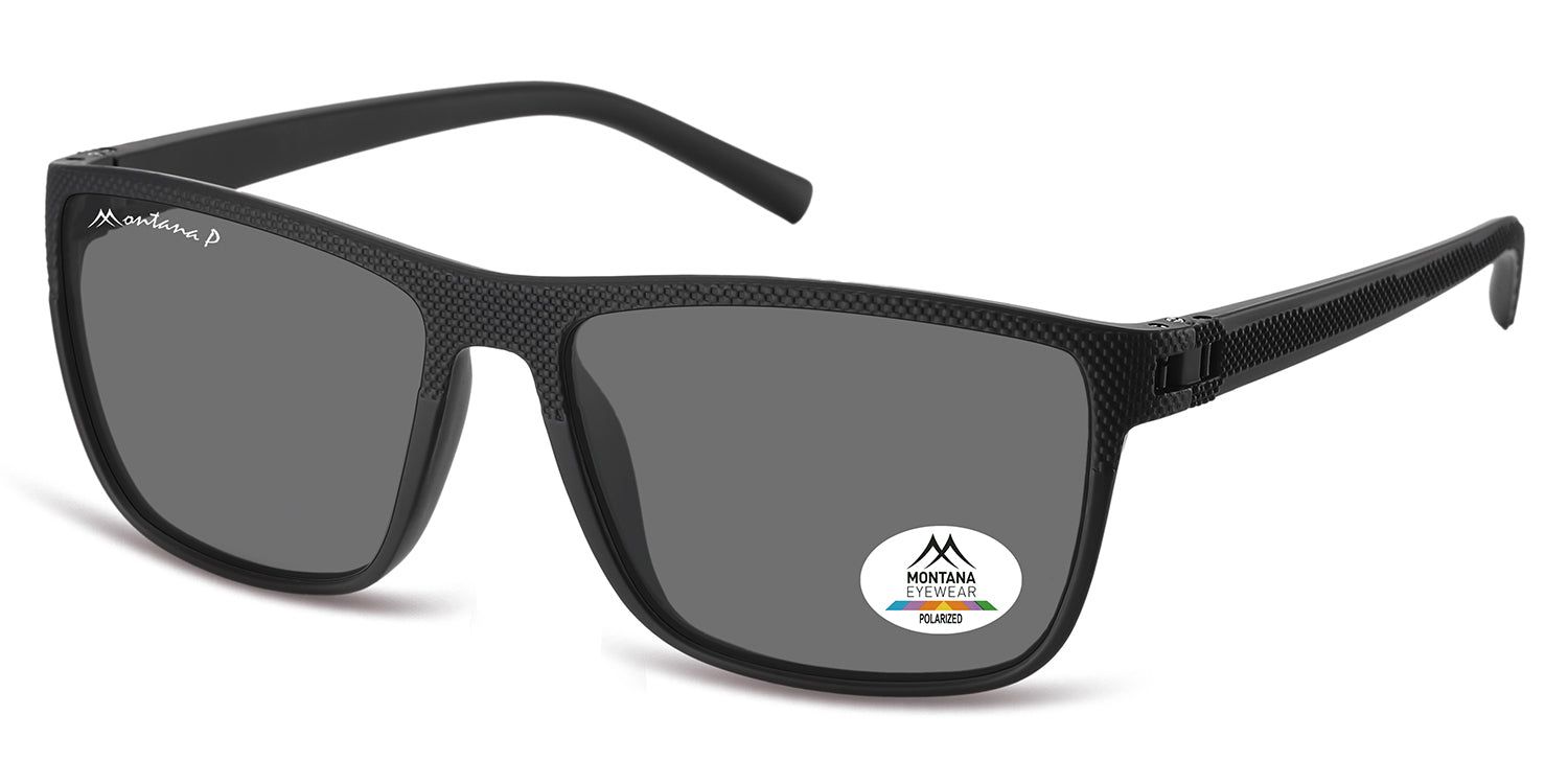 Lunettes de soleil noires à verres rectangulaires. "Montana P" sur la branche gauche. Autocollant avec logo et "Polarized" sur le verre droit.