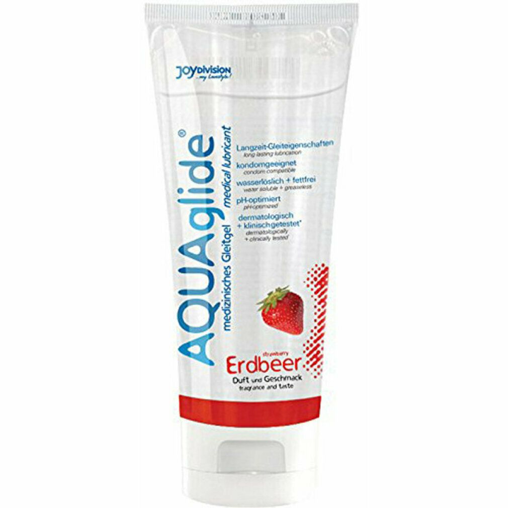 Lubrifiant médical en tube. Inscription AQUAglide, Fraise. Illustration de fraise. Propriétés lubrifiantes longue durée, compatible préservatif.