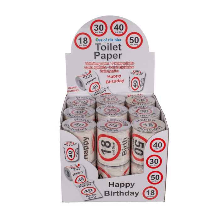Toiletpapierdisplay met rollen. Opdrukken: Happy Birthday, 18, 30, 40, 50. Verpakking met productnaam en leeftijdsindicaties.