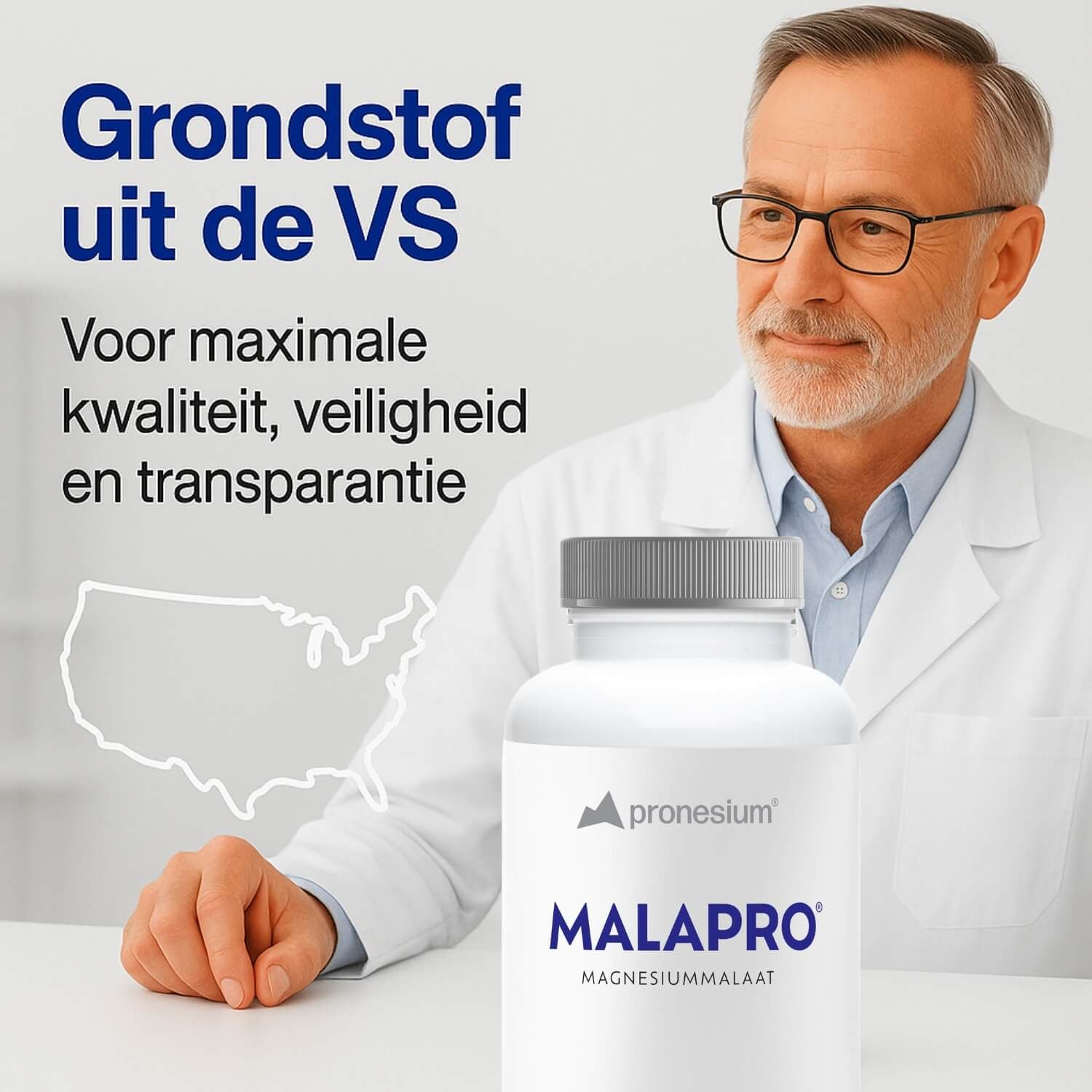 Man met bril. Tekst: Grondstof uit de VS. Fles: MALAPRO, 200 capsules. VS-omtrek.