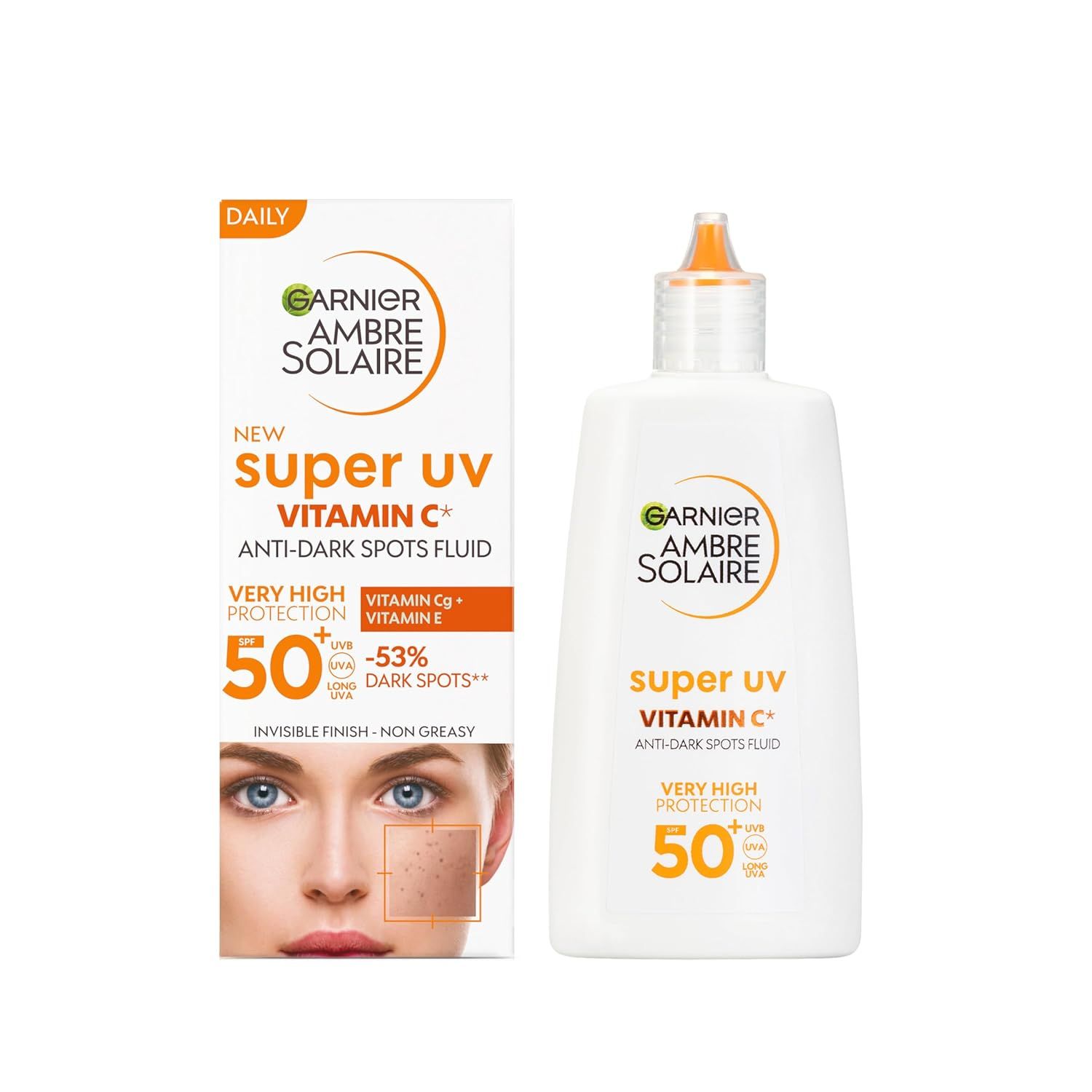 Garnier Ambre Solaire Super UV Vitamine C Fluide anti-taches et emballage. SPF 50+. Visage avec taches sombres.
