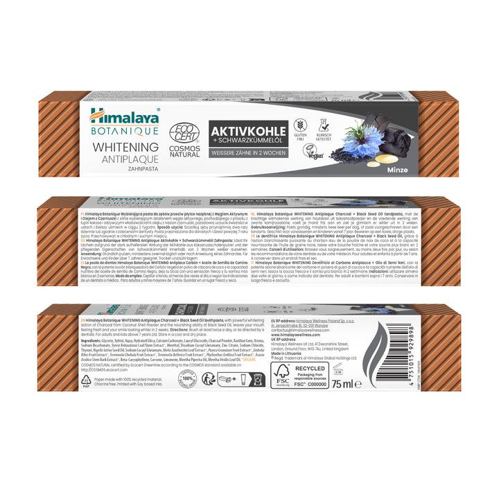 Verpakking van Himalaya Botanique Whitening Antiplaque tandpasta Houtskool + Zwarte Komijnolie.