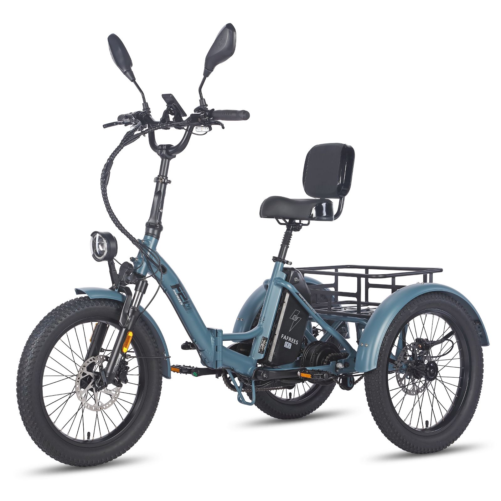 Tricycle électrique bleu, rétroviseurs et panier arrière. FAFREES F20 Mate. Pneus noirs, siège avec dossier.