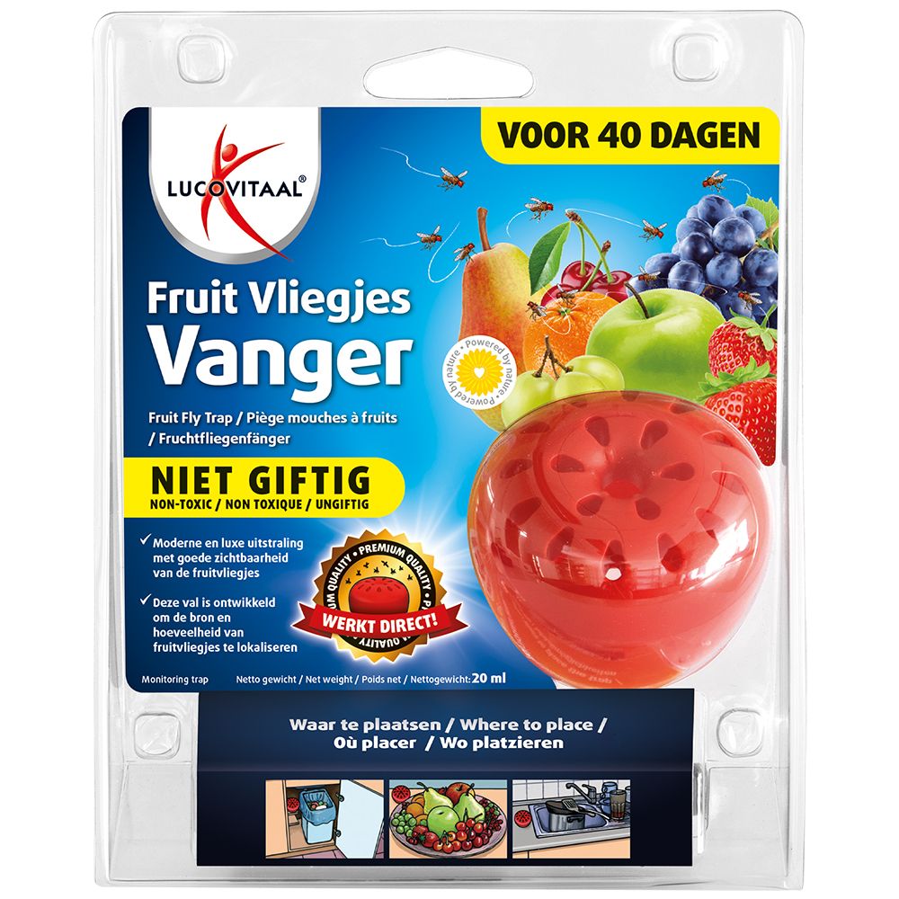Piège à mouches à fruits rouge, rond, dans un emballage transparent. Inscription : Lucovitaal, Fruit Vliegjes Vanger. Illustration de fruits.
