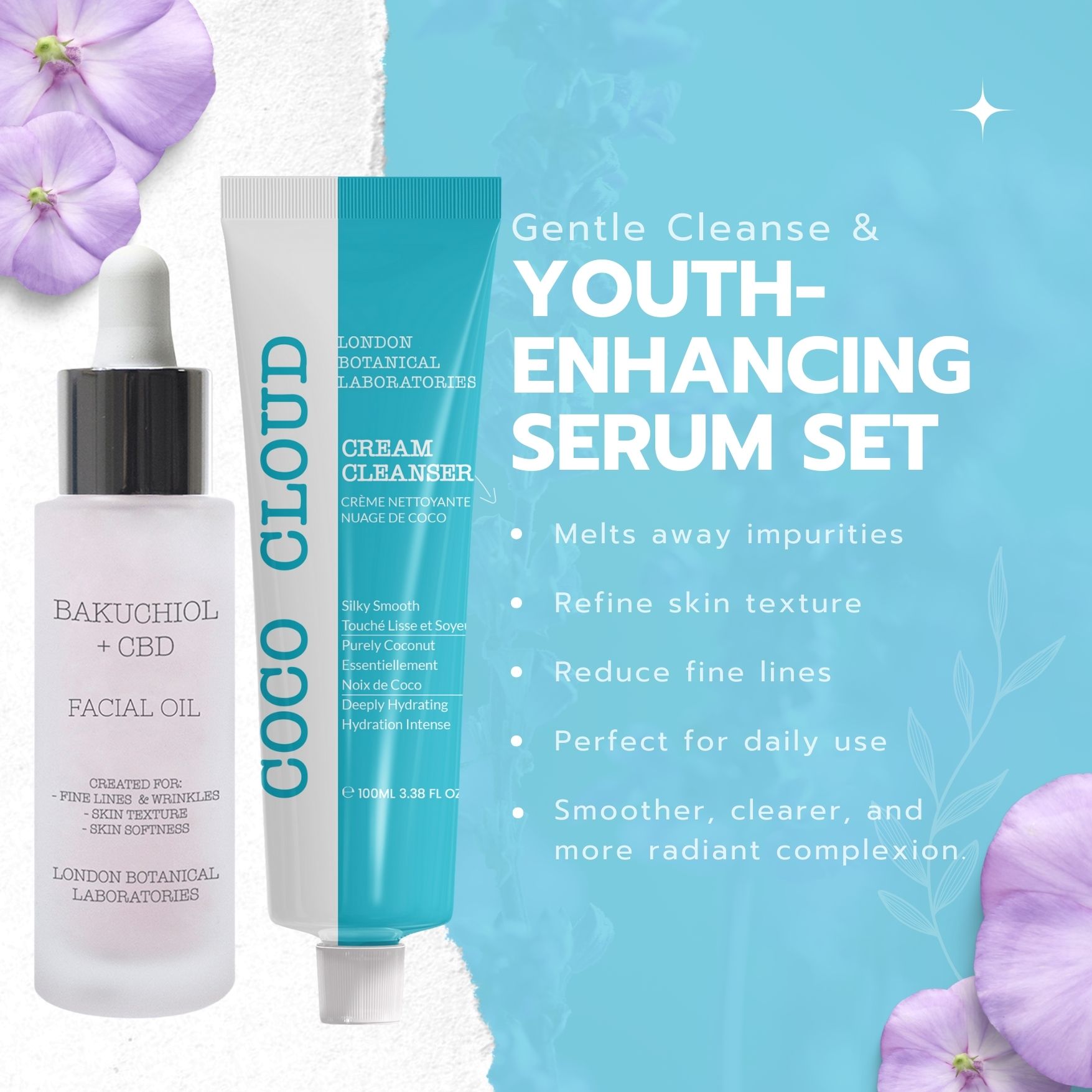 Huile faciale et crème nettoyante. Flacon avec pipette et tube. Inscriptions: Bakuchiol + CBD, Coco Cloud, London Botanical Laboratories. Texte.