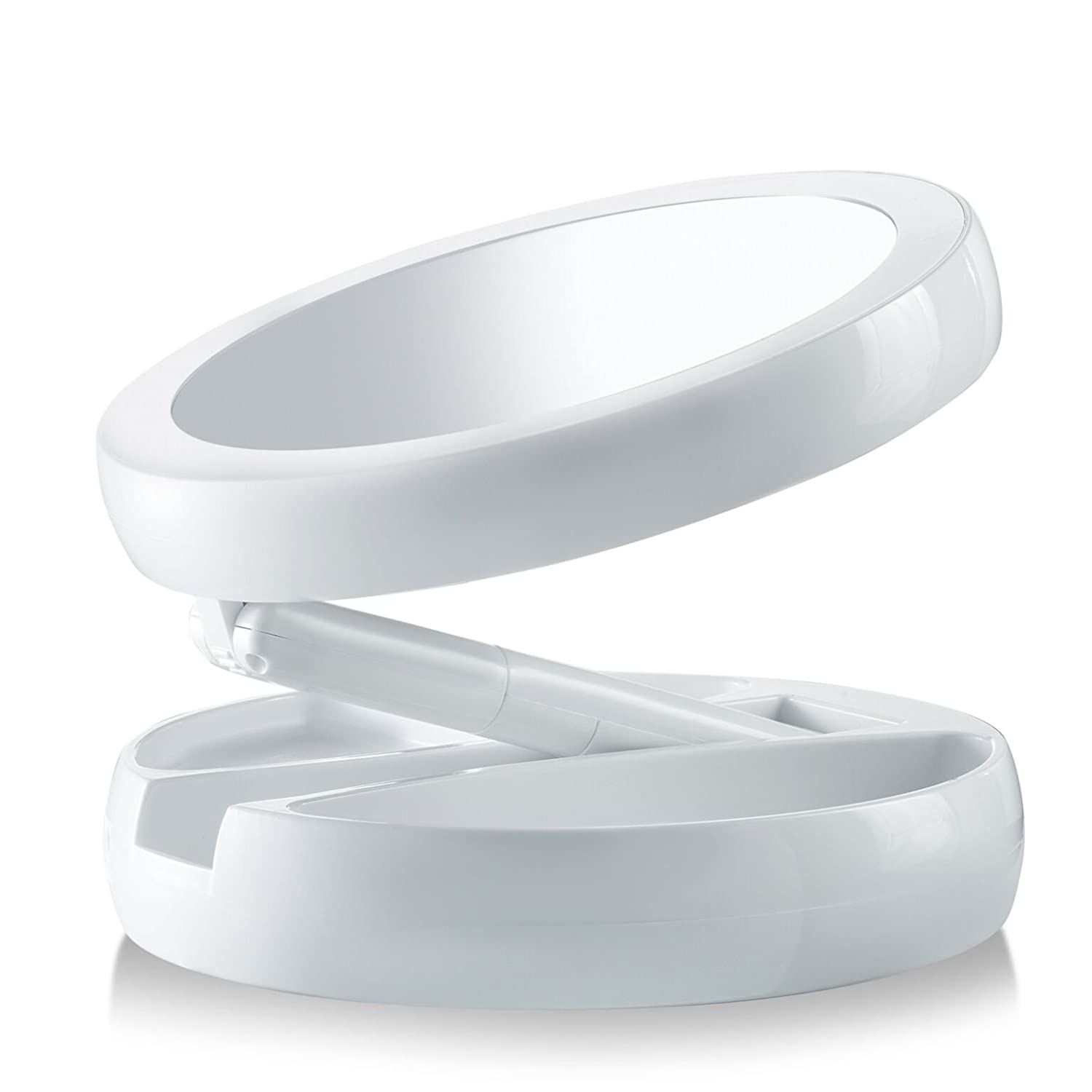 Miroir de maquillage blanc fermé avec bordure LED, compact et pliable.