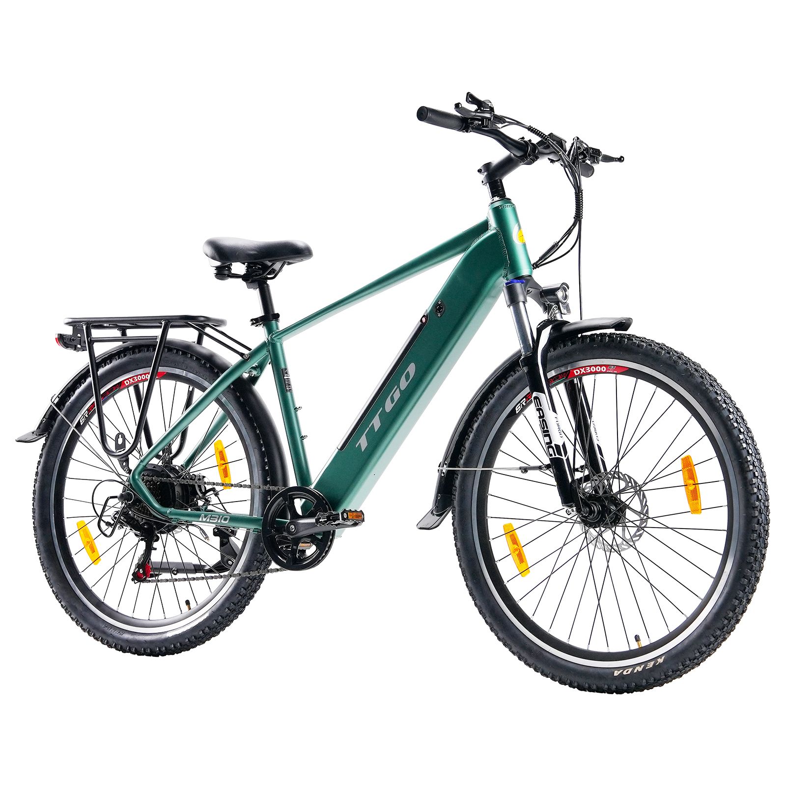 Groene TTGO e-bike met bagagedrager, zwart zadel en banden. Gele reflectoren.