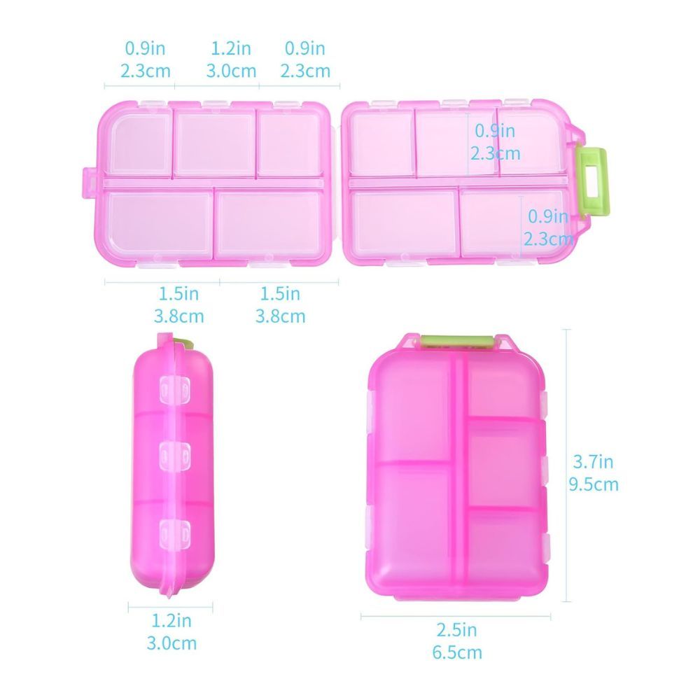 Roze pillendoos met afmetingen: 25,4 x 6,5 cm (gesloten), 9,5 cm hoog.