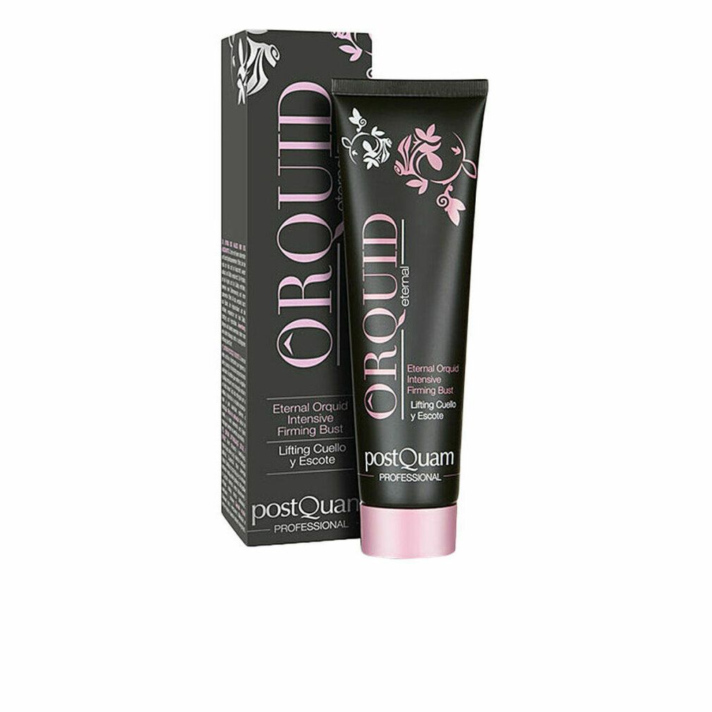 Tube et boîte noirs avec nom du produit et motifs floraux. Texte: Eternal Orquid, Intensive Firming Bust, Lifting Cuello y Escote.