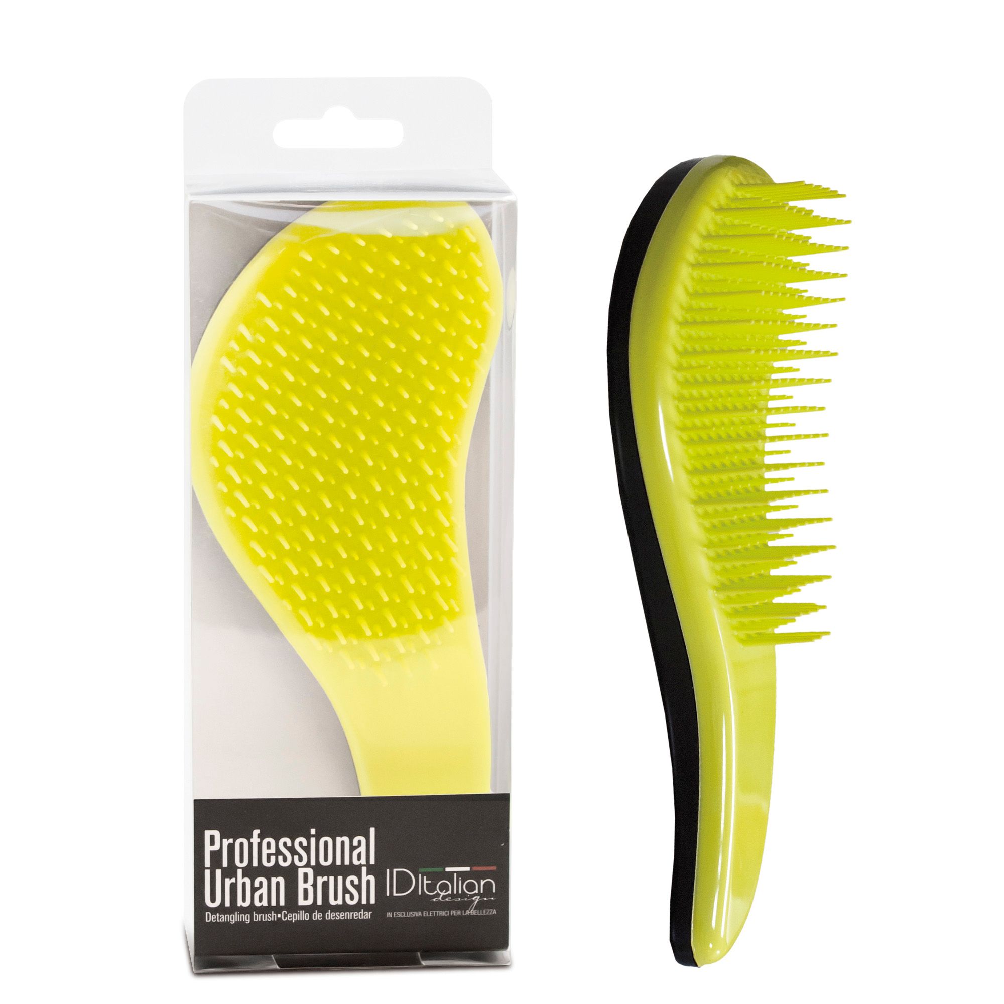 Geel-zwarte haarborstel in verpakking. Opschrift: Professional Urban Brush. Borstel met gele pinnen, ergonomisch gevormd.