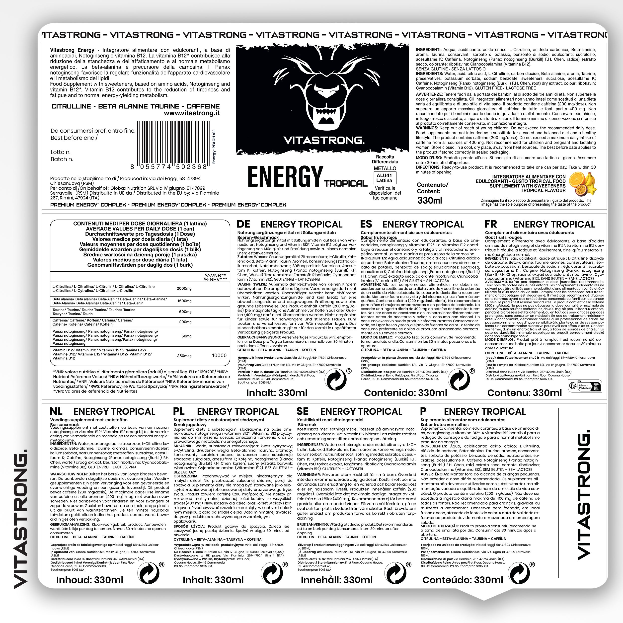 Dos de l'emballage. Texte en plusieurs langues. Contenu : 330ml.