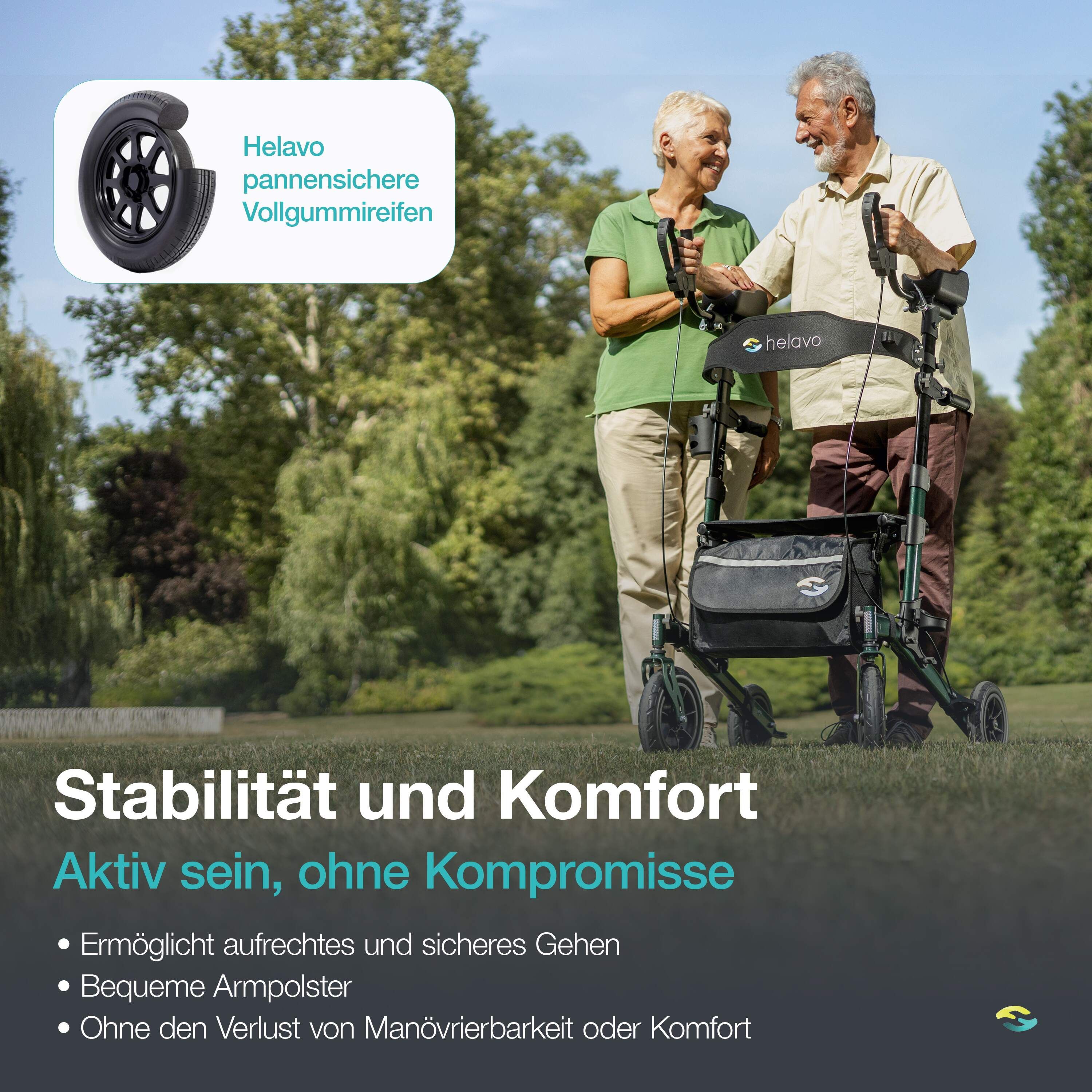 Rollator avec pneus en caoutchouc plein anti-crevaison. Couple âgé à l'extérieur.