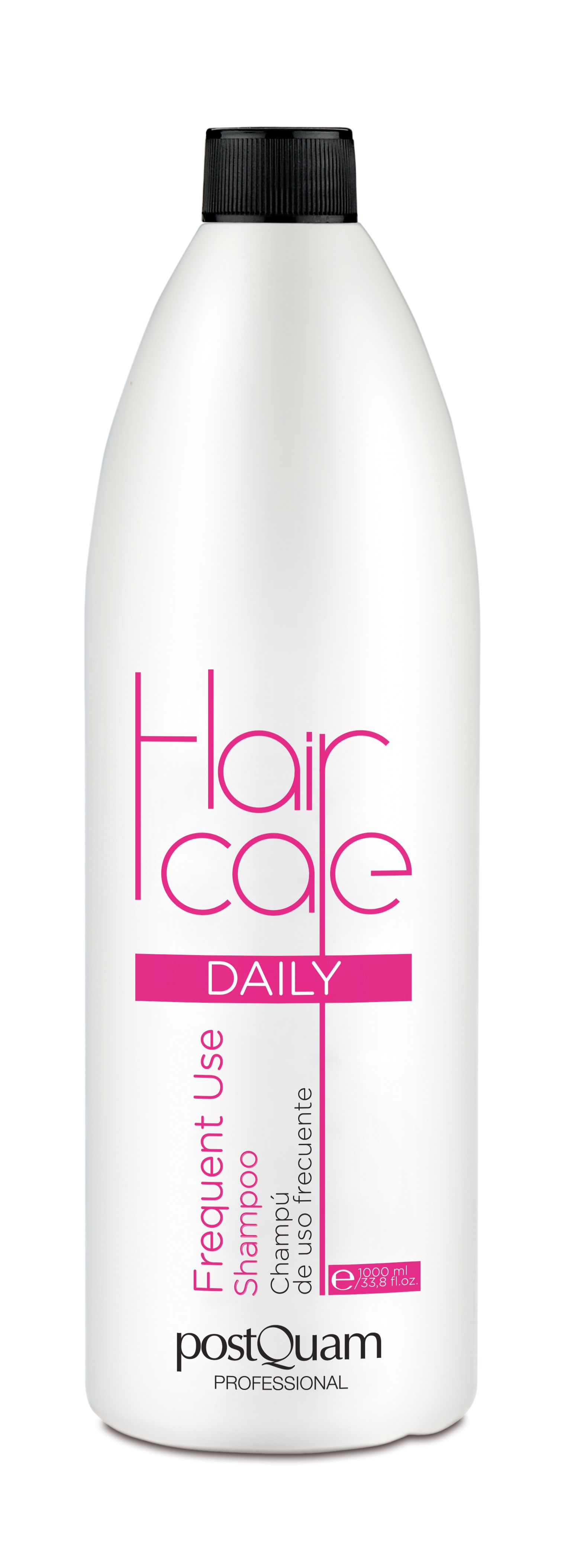 Witte shampoo fles met zwarte dop. Opschrift 'Hair care DAILY' en 'PostQuam'.
