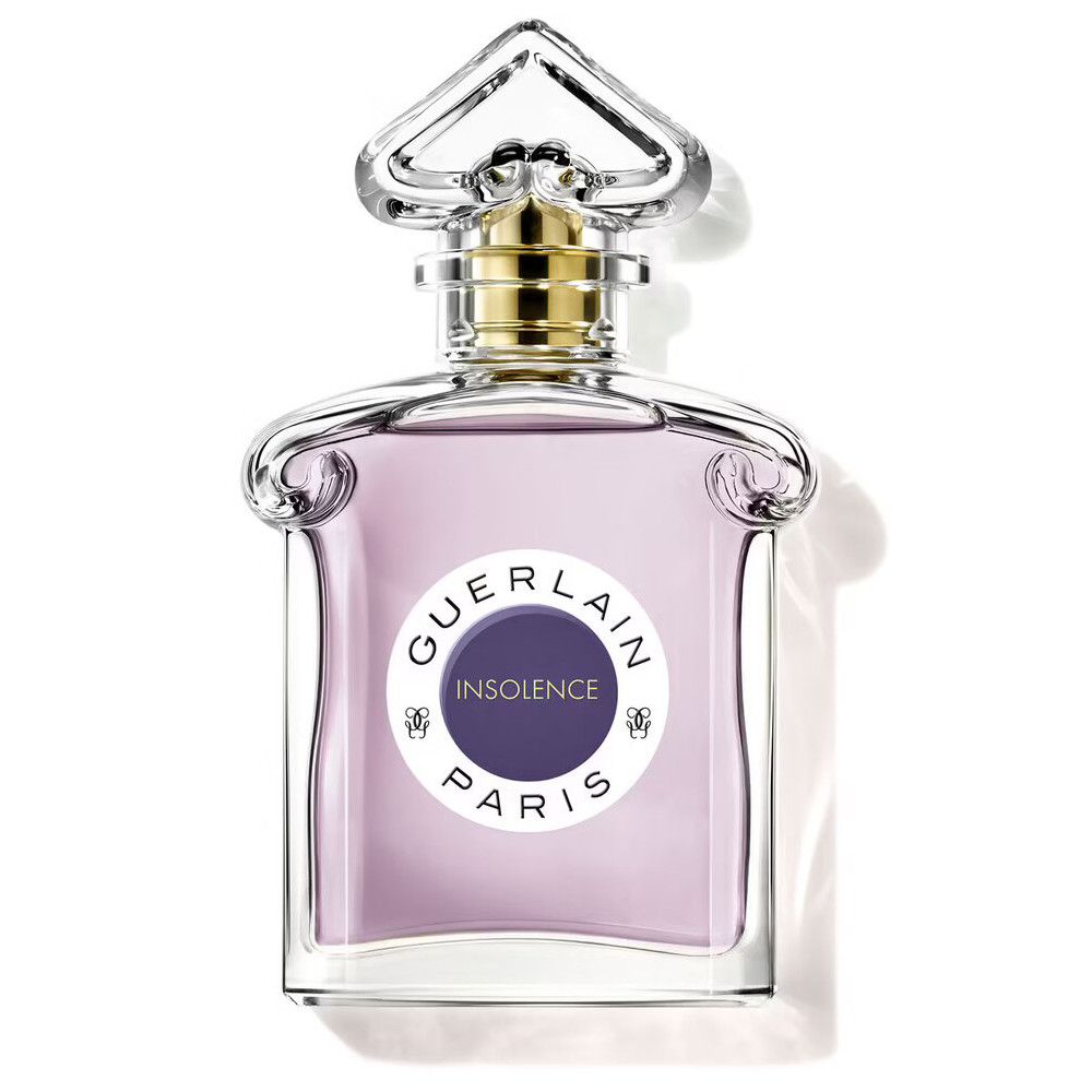 Flacon en verre avec liquide violet. Étiquette "GUERLAIN INSOLENCE PARIS". Bouchon doré. Vaporisateur transparent.