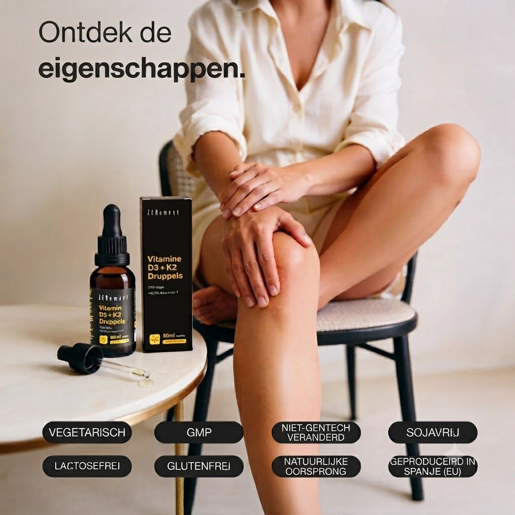 Vrouw zit op stoel met Zenement Vitamine D3 + K2 Druppels. Vegetarisch, GMP, niet-genetisch gemodificeerd, sojavrij, lactosevrij, glutenvrij, natuurlijke oorsprong, geproduceerd in Spanje.