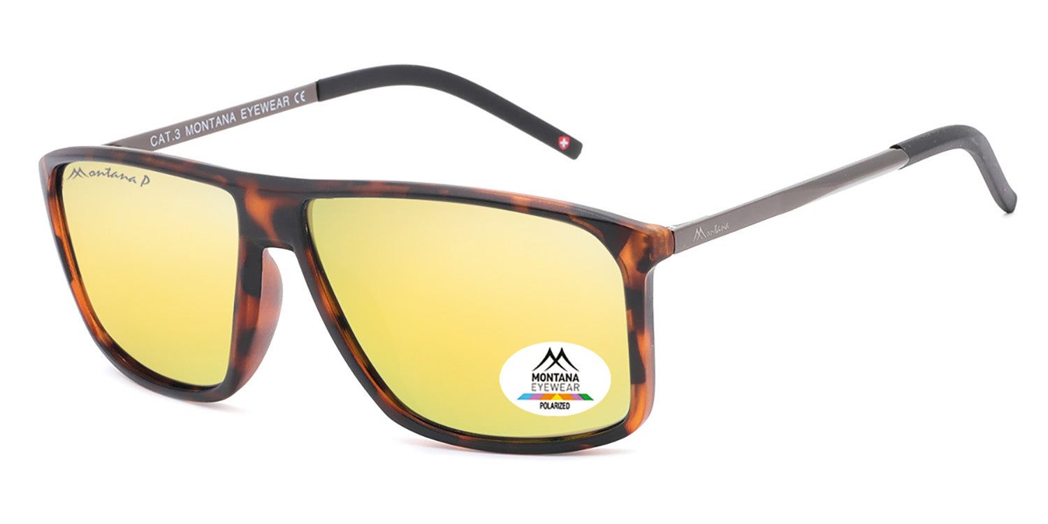 Lunettes de soleil marron avec verres jaunes. Un autocollant avec logo et inscription 'POLARIZED' est visible sur un verre.