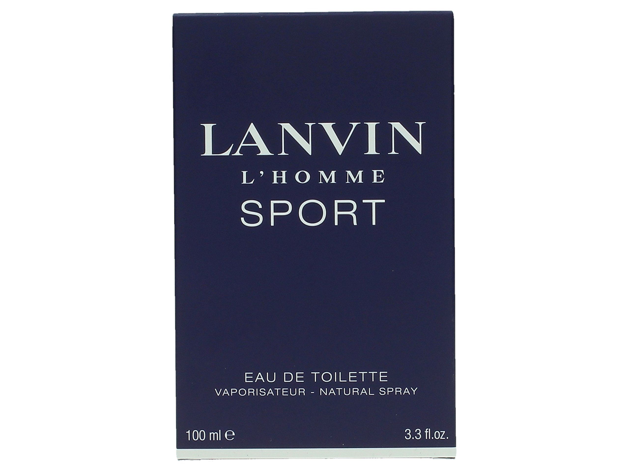Donkerblauwe doos met witte tekst. Opschrift: LANVIN L'HOMME SPORT. Eau de Toilette.
