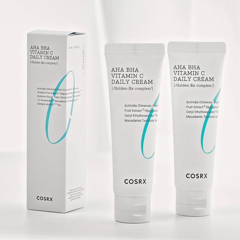 Tube et boîte de COSRX AHA BHA Vitamin C Daily Cream.