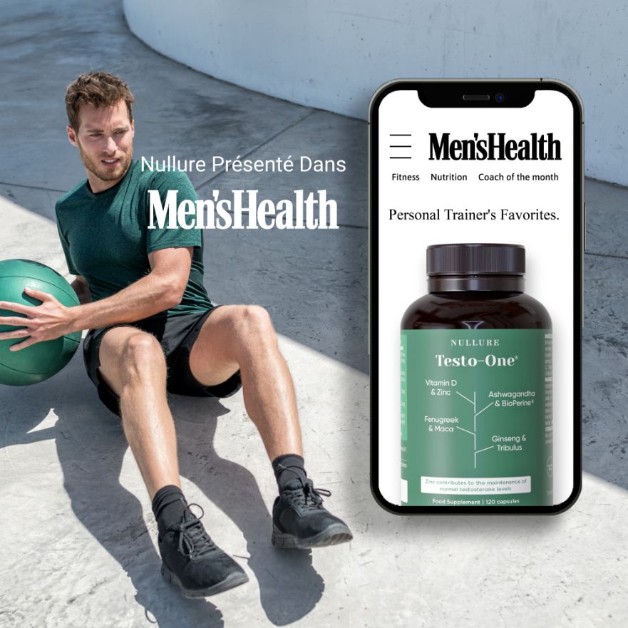 Homme s'entraînant avec un ballon, à côté un smartphone avec couverture de magazine 'Men's Health' et image produit.