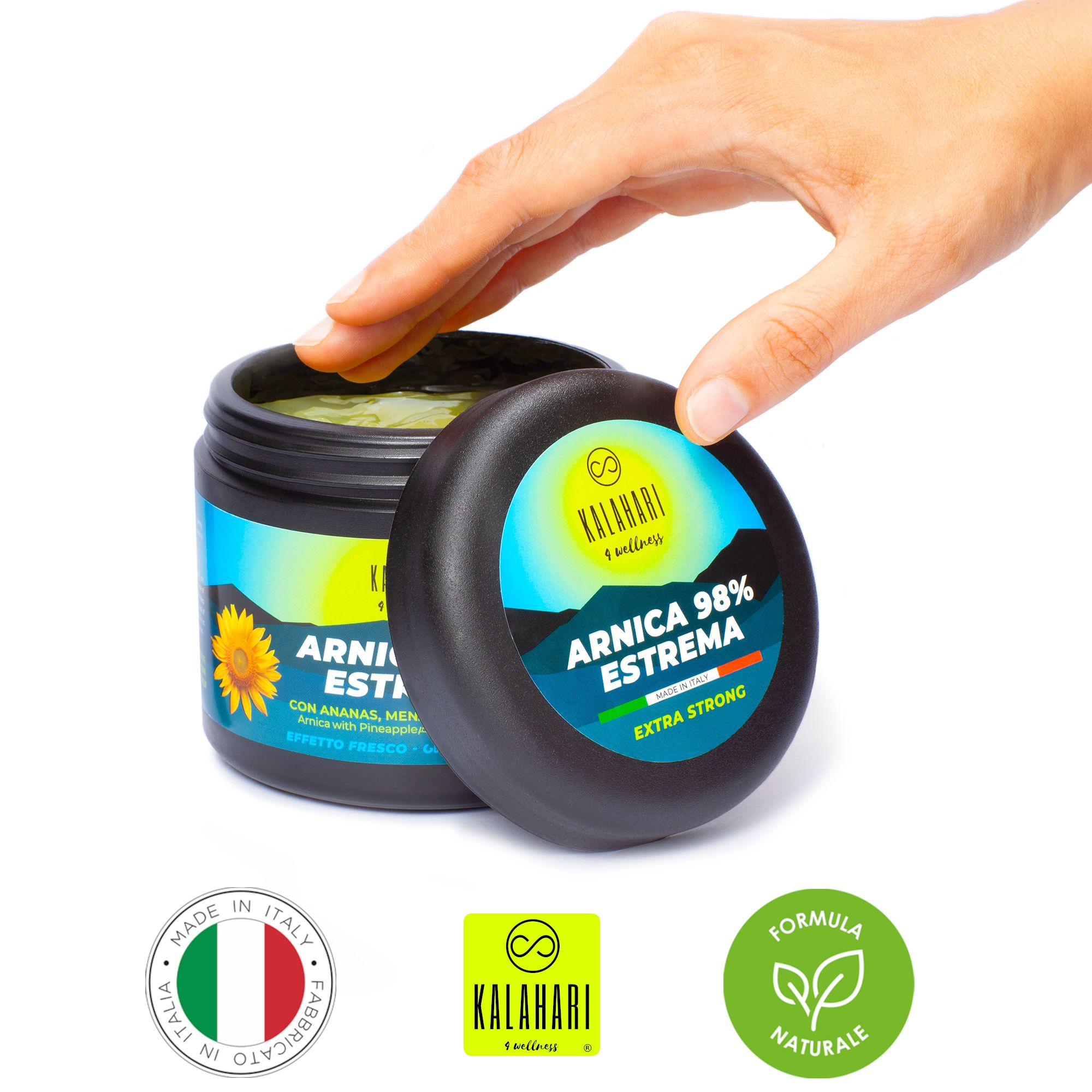 Pot KALAHARI Arnica 98% ESTREMA, avec drapeau italien et sceau 'Made in Italy'.