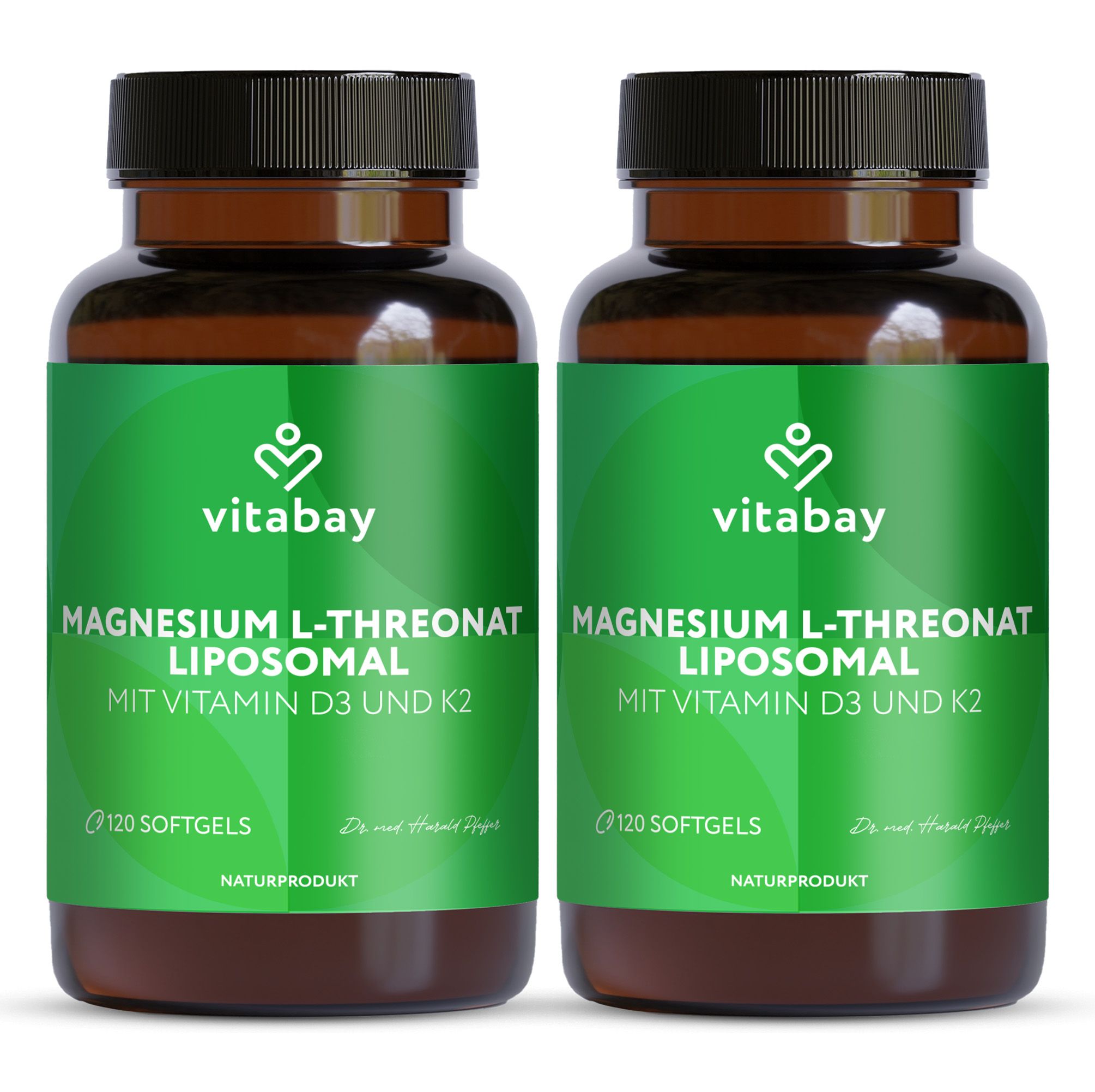 Twee bruine flessen met groen etiket. Tekst: Magnesium L-Threonat Liposomaal, Vitamine D3 en K2. 120 softgels. Vitabay logo.