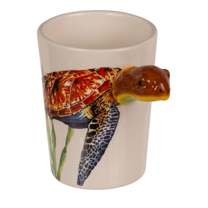 Beker met schildpadhandvat. Wit, met onderwaterdecor en bruine schildpad als handvat. OOTB Becher Tartaruga.