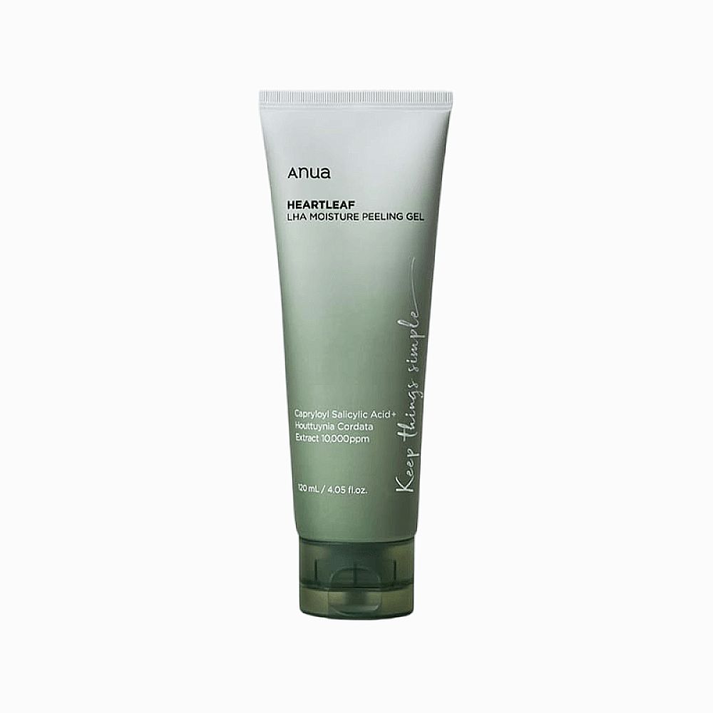 Producttube. Opschrift: Anua Heartleaf LHA Moisture Peeling Gel.