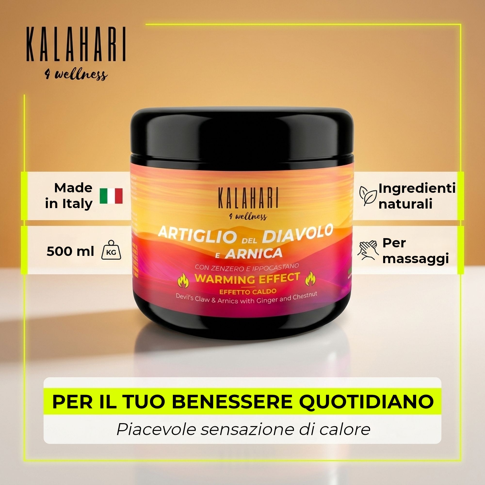 Pot: Gemaakt in Italië, 500ml, natuurlijke ingrediënten, voor massages.