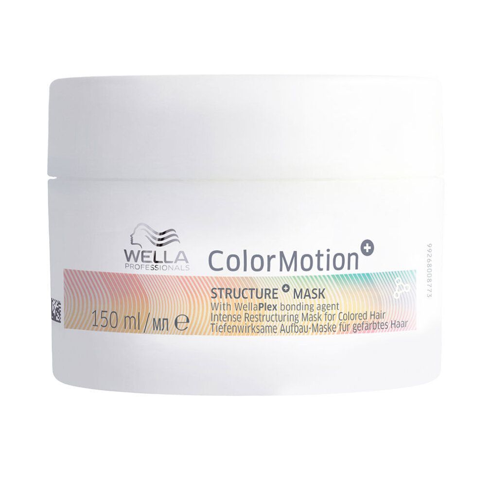 Witte pot met opschrift ColorMotion+. Bevat 150 ml. Structure Mask voor gekleurd haar.