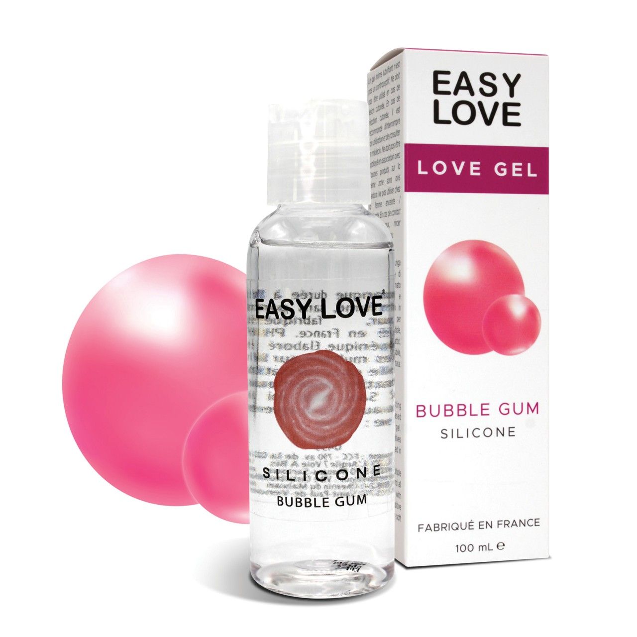 Easy Love Love Gel, siliconen glijmiddel met Bubble Gum smaak in transparante fles met verpakking.