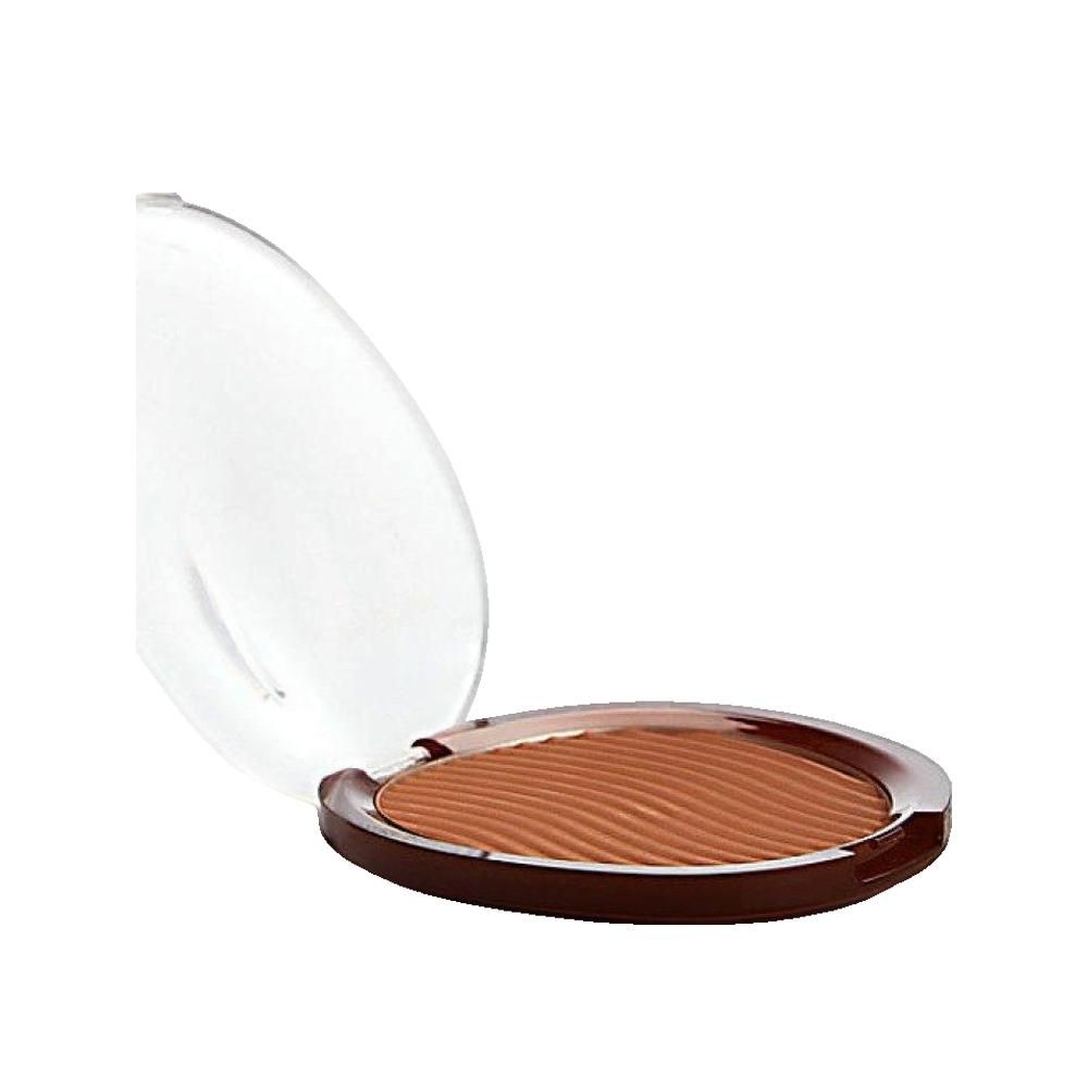 Bronzer in ronde verpakking met transparante deksel. Bruine kleur met geribbelde oppervlakte.