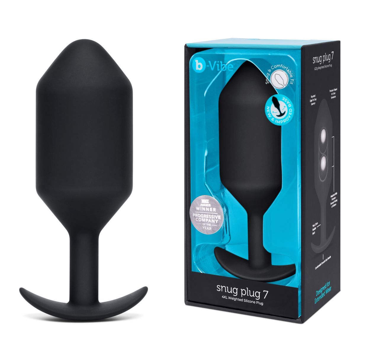 Zwarte, verzwaarde siliconen plug met brede basis in de verpakking. Merk: b Vibe.