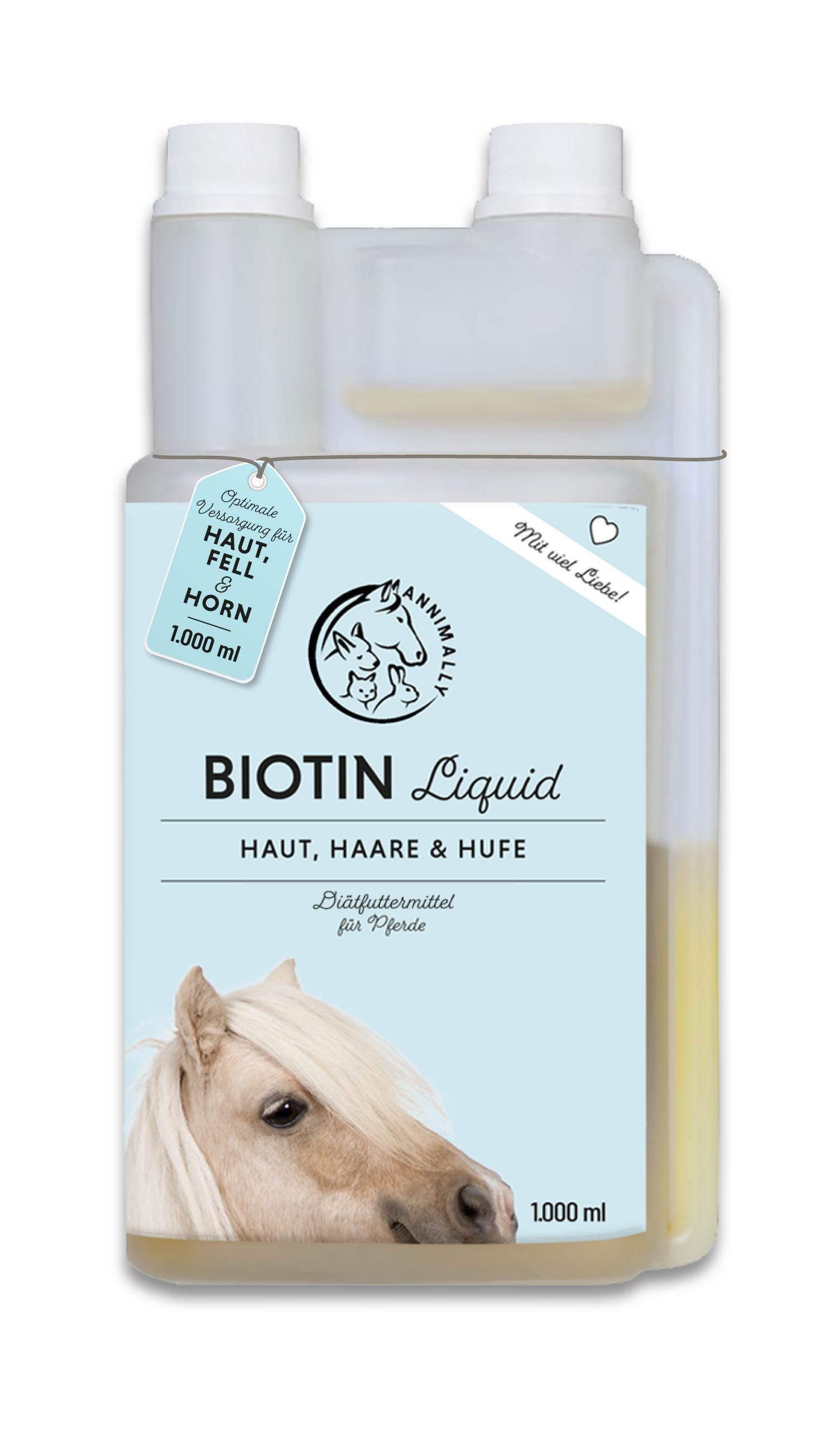 Bouteille Annimally Biotin Liquid. Étiquette avec nom du produit, logo et texte. 1000 ml. Soin optimal pour peau, fourrure et corne.
