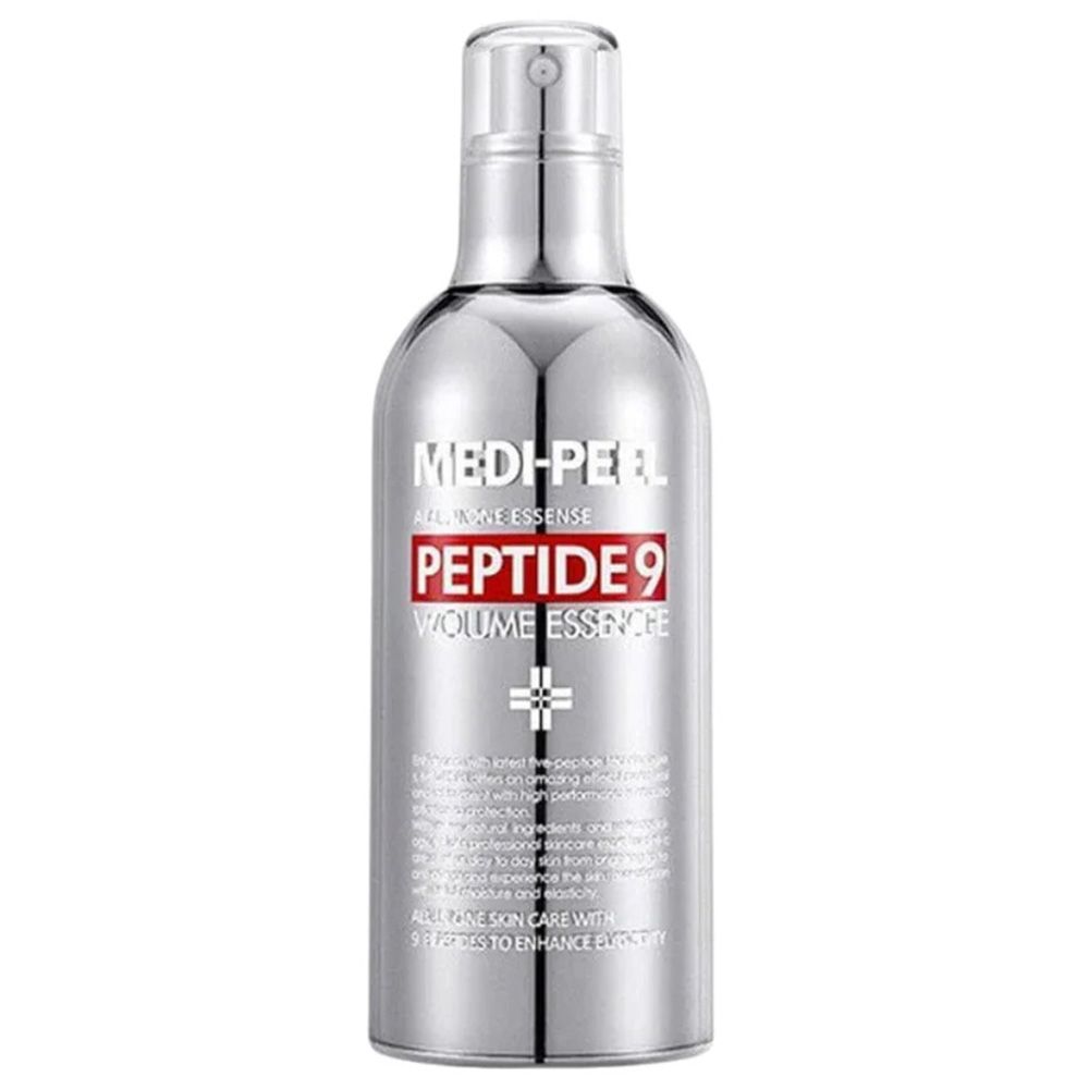 Flacon argenté de Medi-Peel Peptide 9 Volume Essence. Vaporisateur à pompe et étiquette avec informations sur le produit.