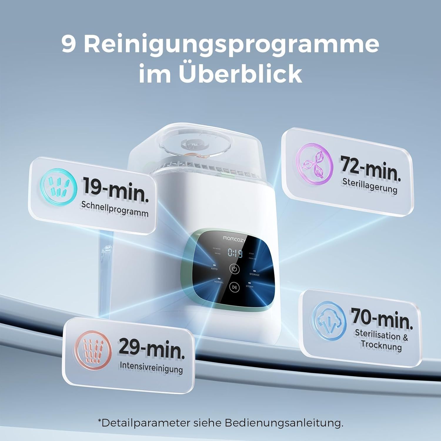 Flessenreiniger met 9 programma's: snel, intensief, sterilisatie en opslag.