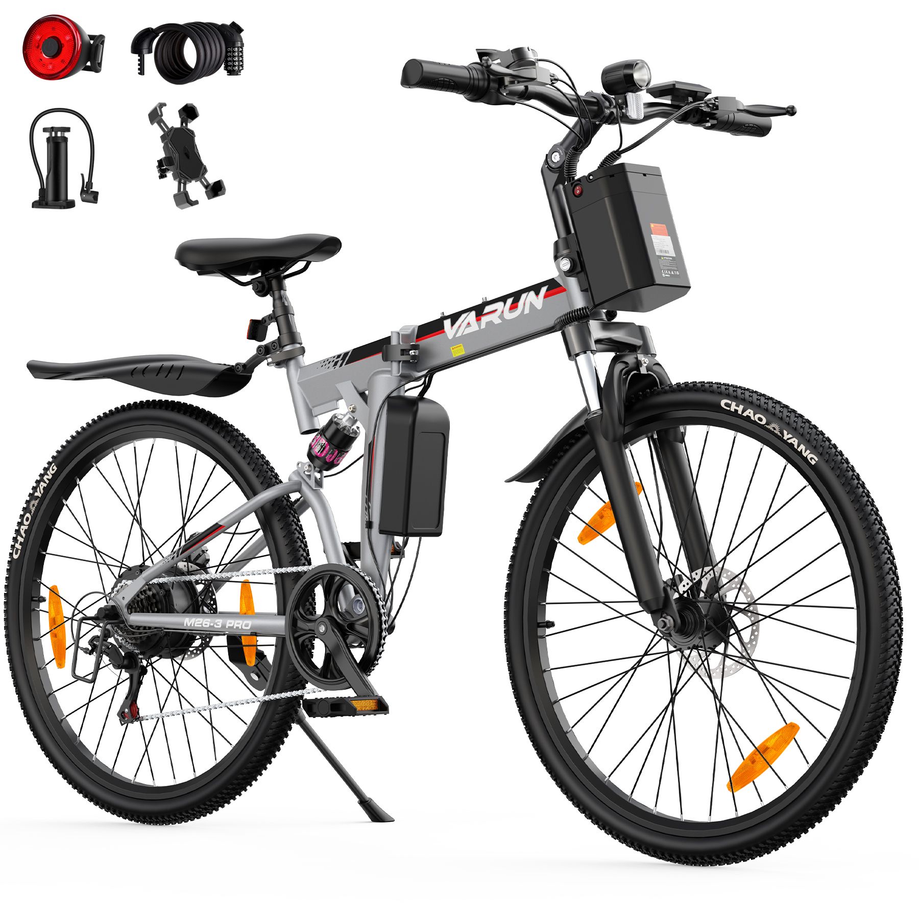 Opvouwbare e-bike, zilverkleurig, met zwart frame en banden. Accessoires: achterlicht, pomp, telefoonhouder.