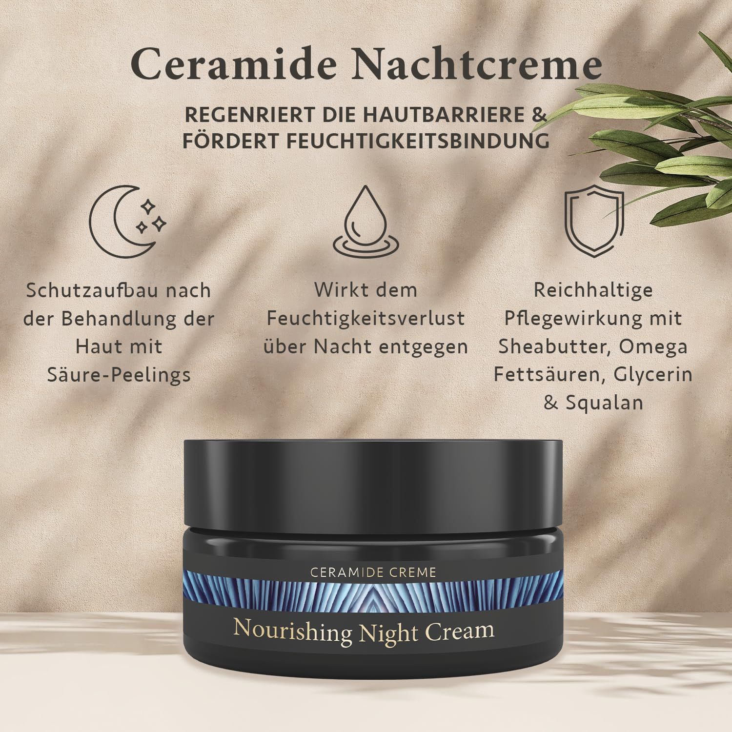 Crème de nuit aux céramides: Régénère la barrière cutanée, favorise l'hydratation. Avec karité, squalane.