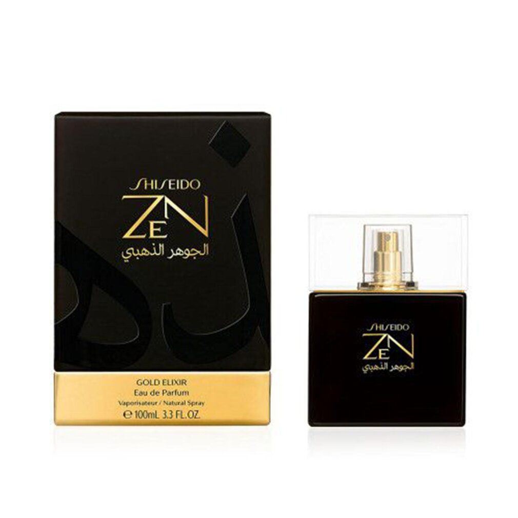 Zwarte flacon met gouden verstuiver en dop. Zwarte verpakking met gouden tekst. Shiseido Zen Elixir De Oro.