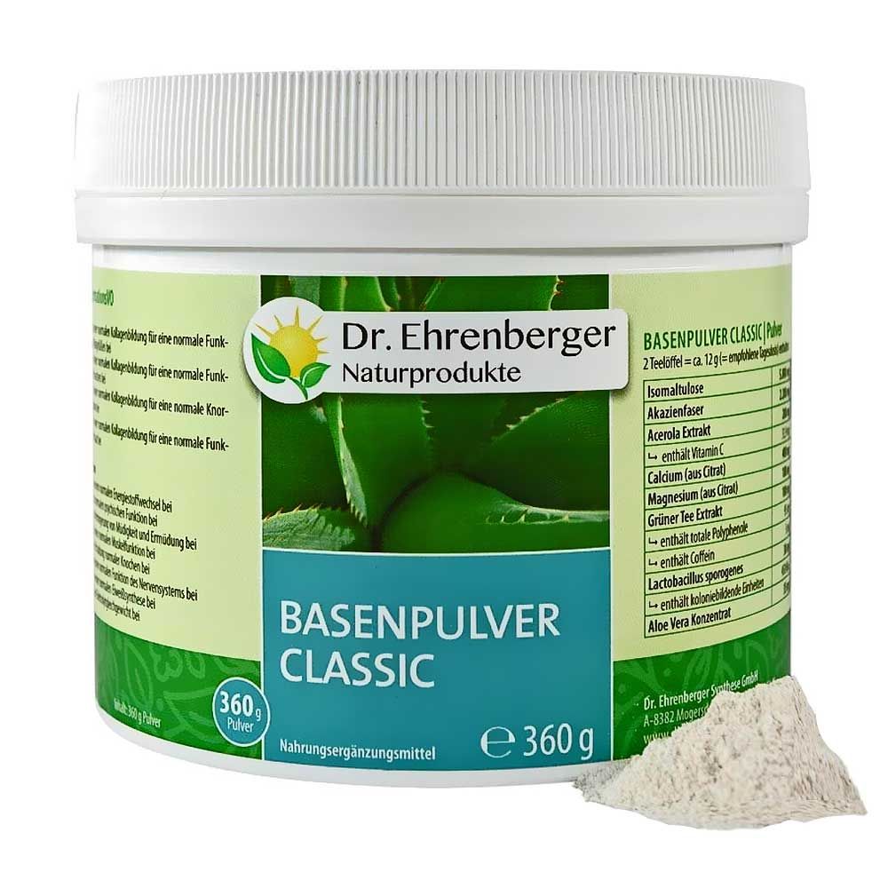Witte pot met deksel, productnaam: Basenpulver Classic. Opschrift: Dr. Ehrenberger Naturprodukte. Daarnaast een hoop poeder.
