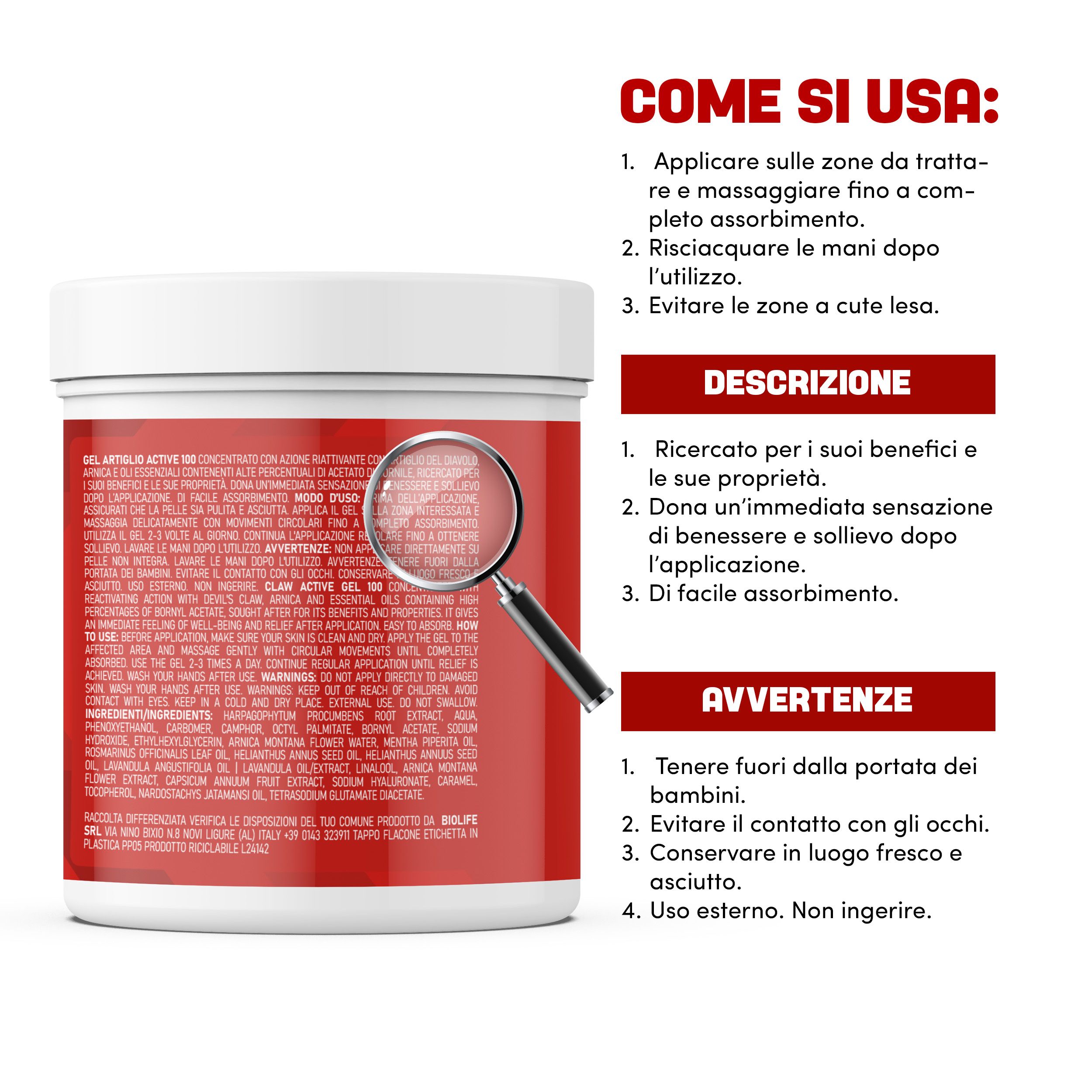 Pot met rood en geel label. Tekst: ACTIVE 100, Artiglio del Diavolo, Made in Italy. Vergrootglas.