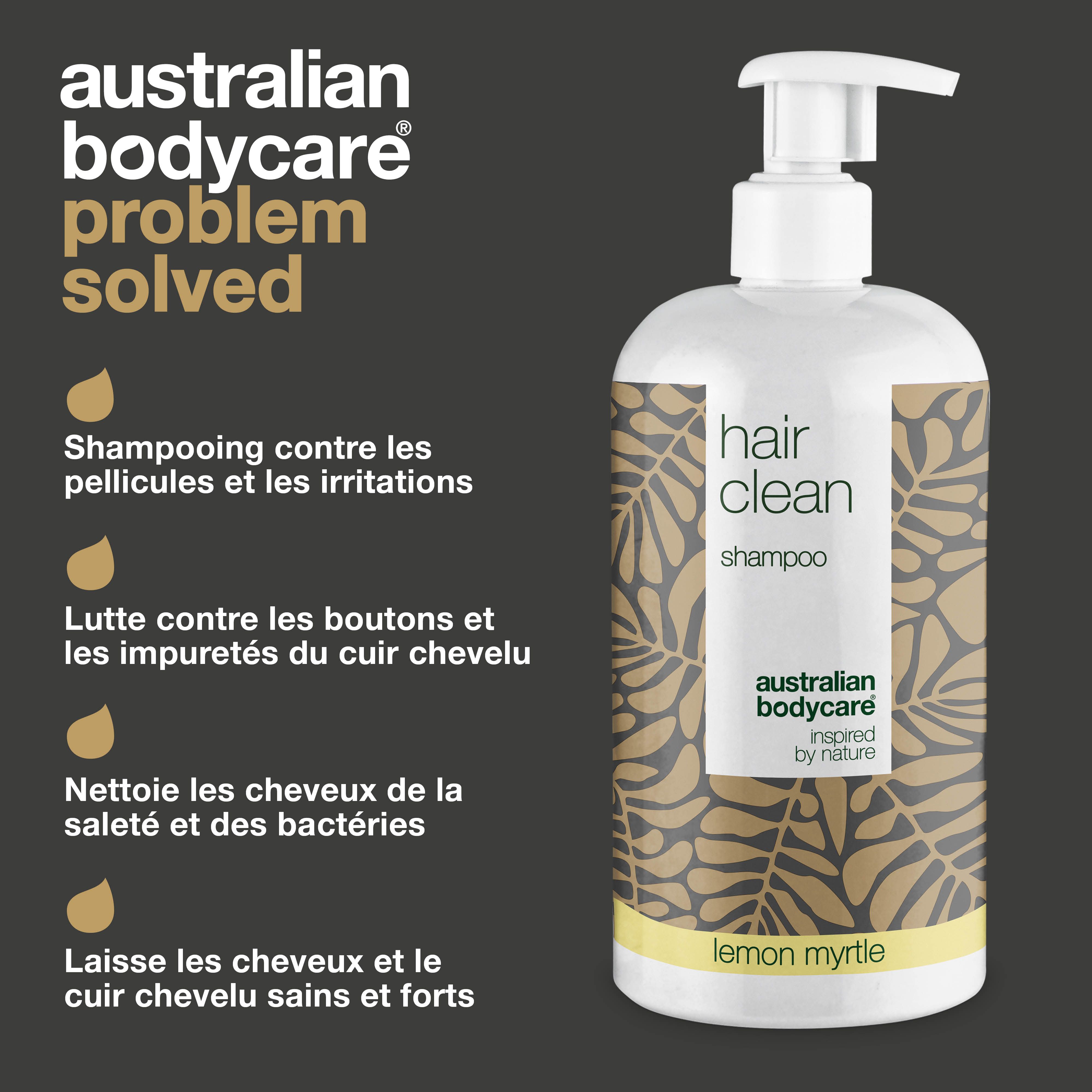 Flacon de shampooing. Texte : Hair Clean Shampoo, australian bodycare. Inscription : Shampooing contre les pellicules et les irritations.