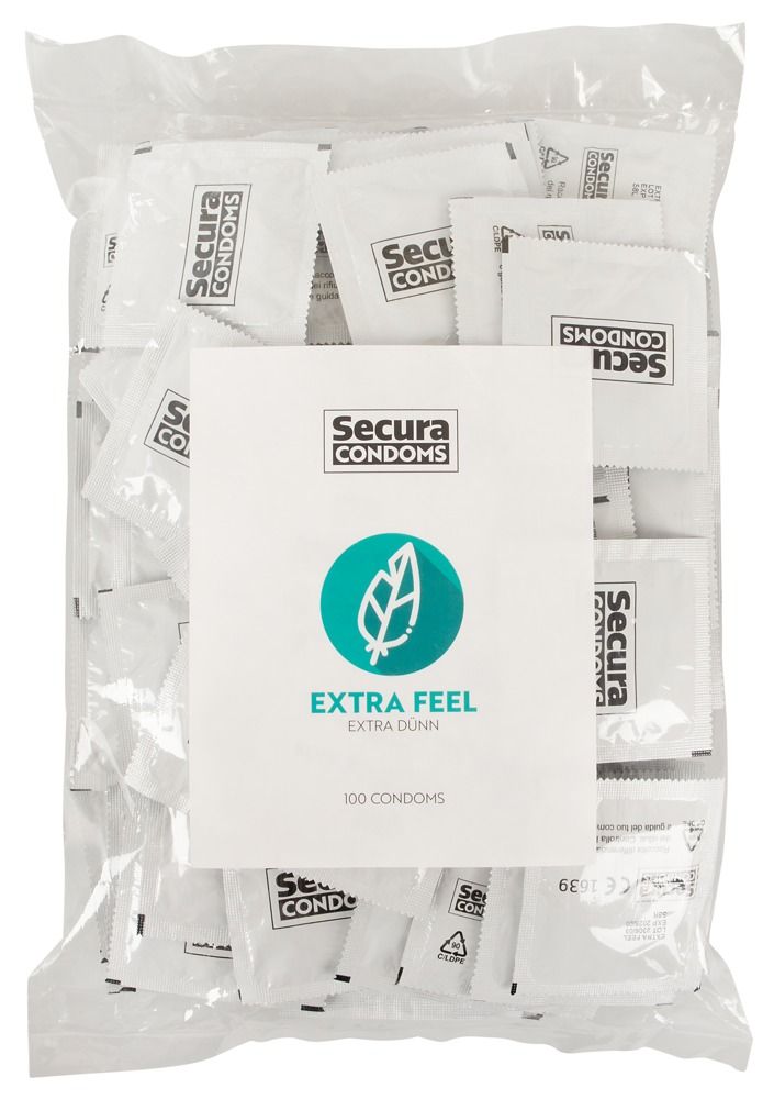 Grand paquet de préservatifs Secura Extra Feel, emballés individuellement.