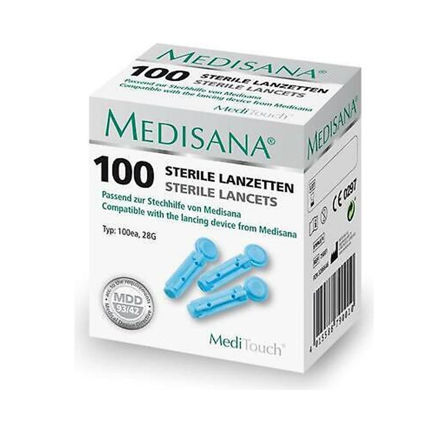 Verpakking met 100 steriele lancetten. Merk: Medisana MediTouch. Doos met CE-markering.