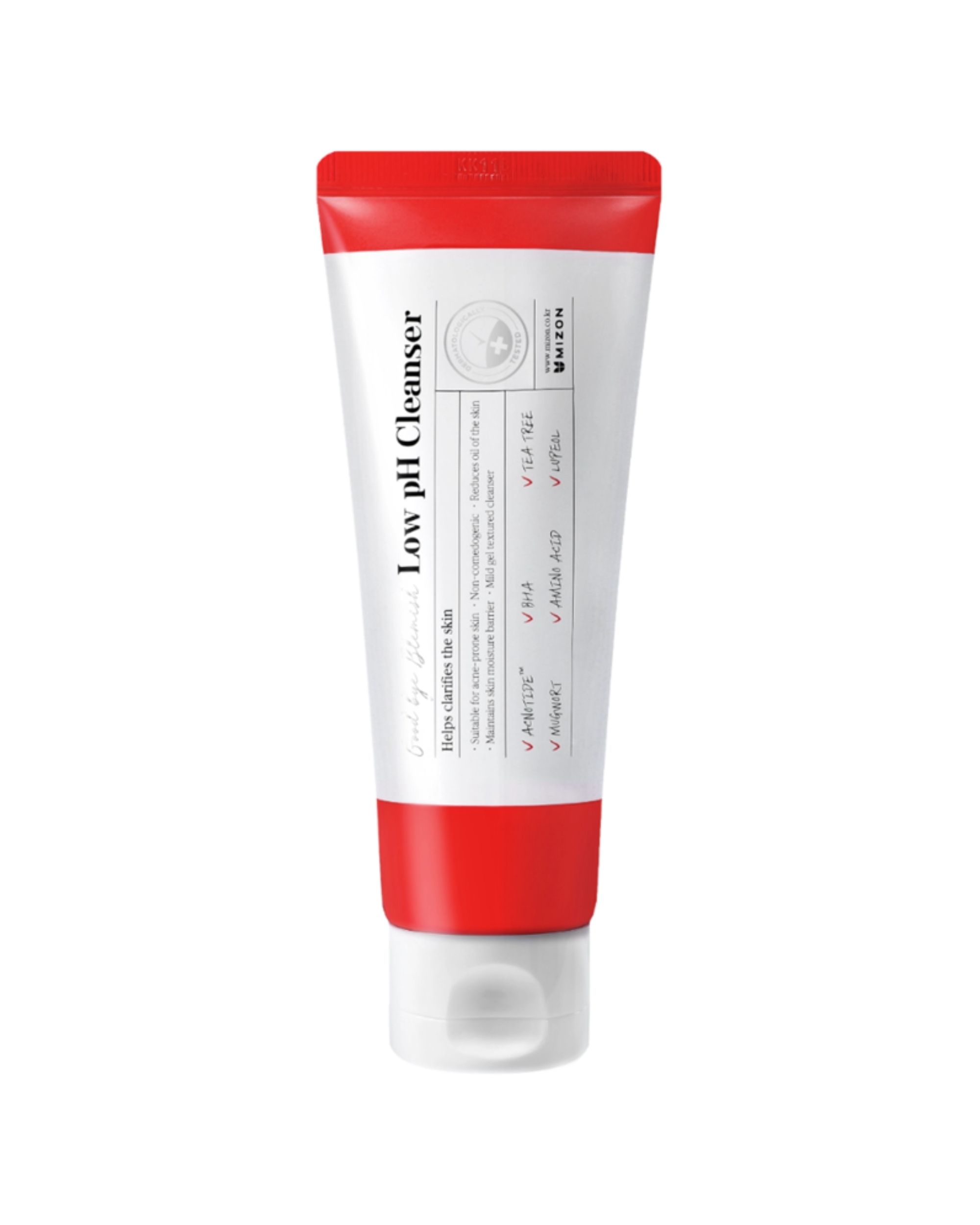 Witte en rode tube 'Low pH Cleanser'. Bevat BHA en Tea Tree. MIZON product.