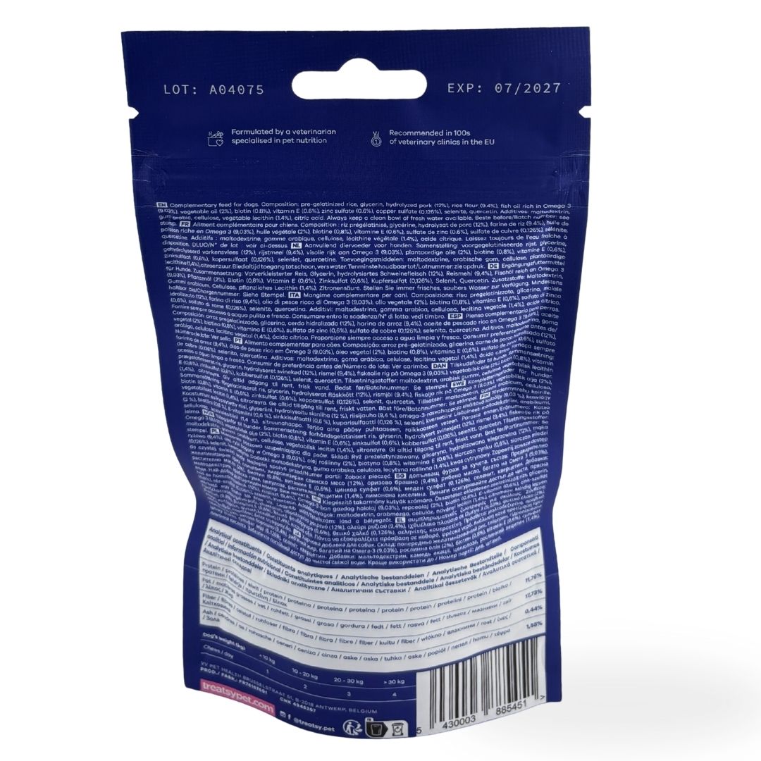 Dos du sachet bleu avec texte. Informations sur ingrédients, dosage et fabricant.
