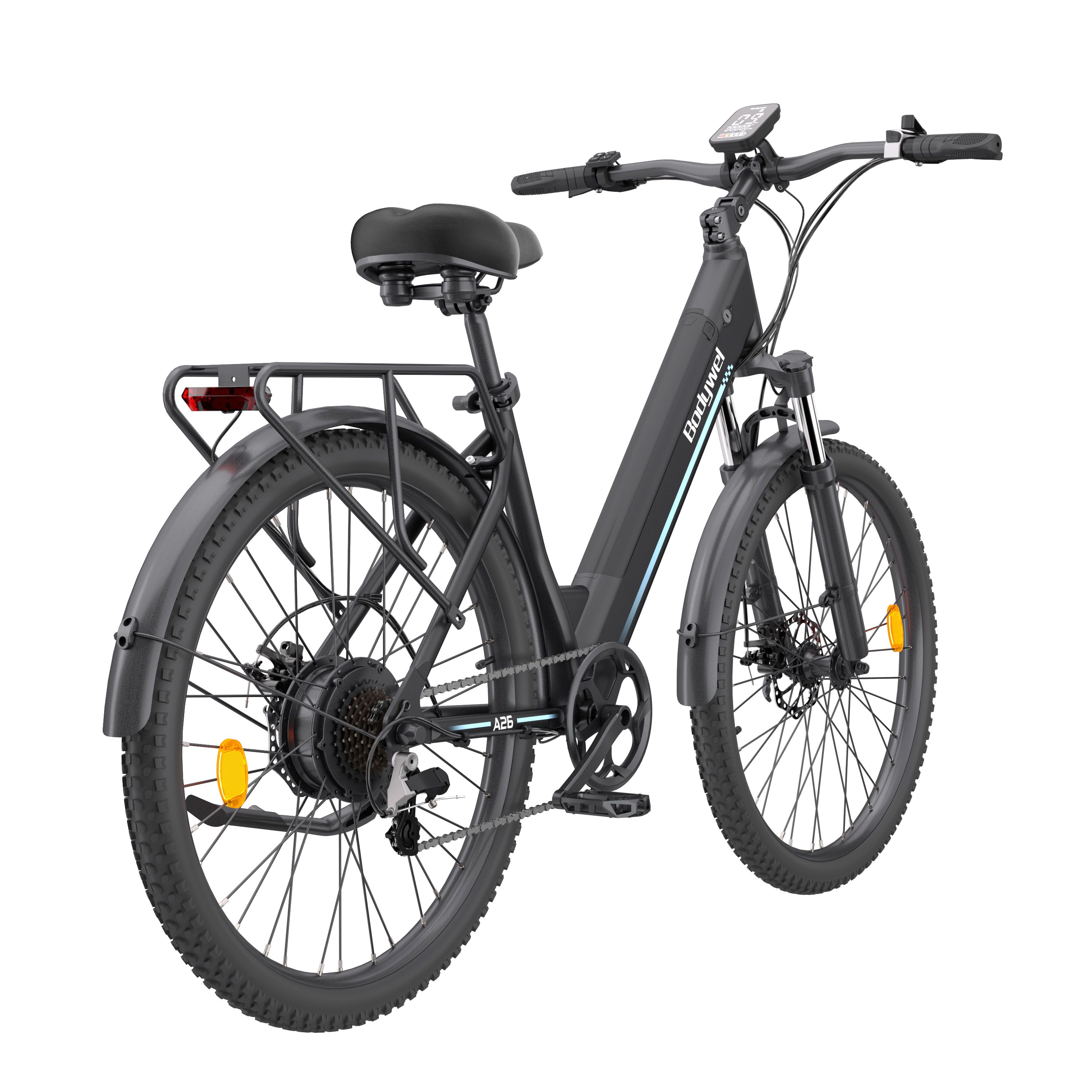Vélo électrique noir, vue arrière. Porte-bagages, garde-boue, feu arrière. Bodywel A26.